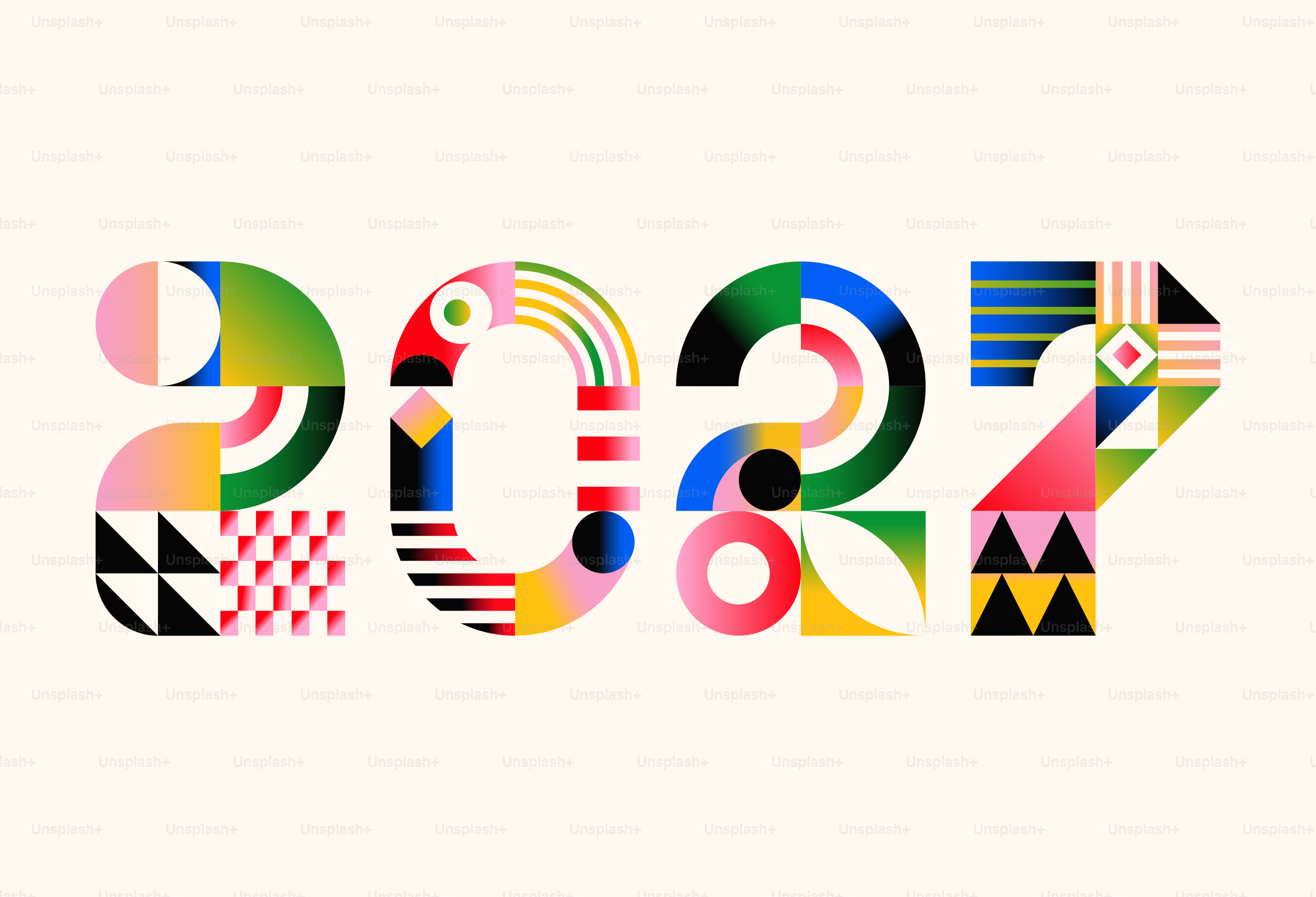 L'anno 2027 scritto con forme geometriche colorate e motivi su uno sfondo color crema