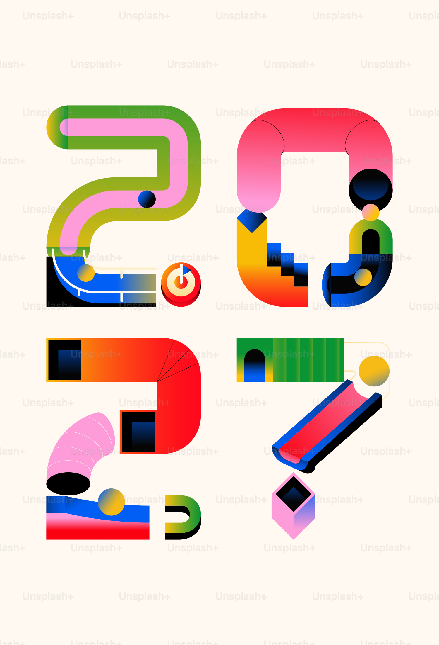 I numeri 2027 sono formati da forme geometriche colorate e tubi astratti su fondo crema