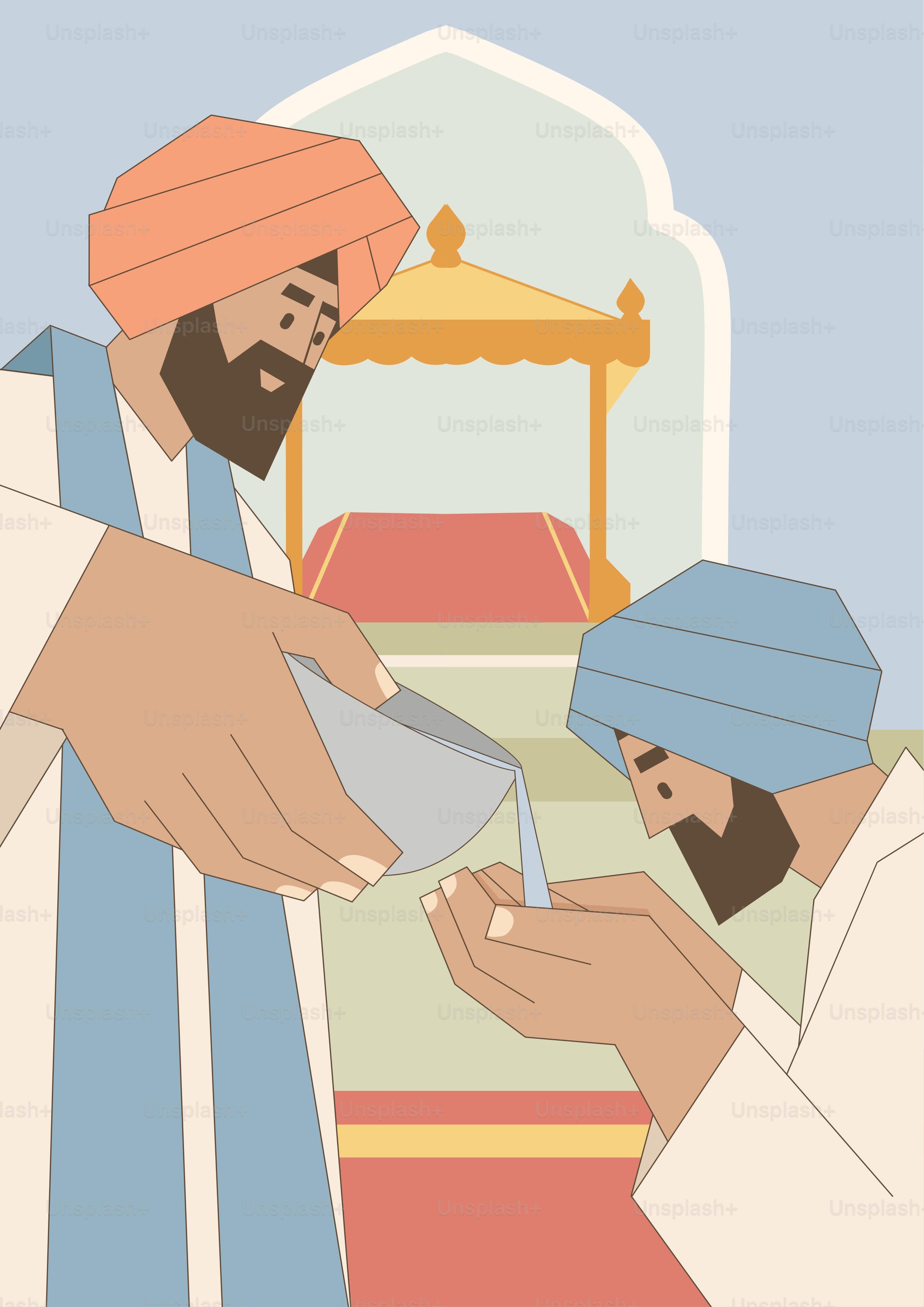 A person in an orange turban pouring water into the cupped hands of another