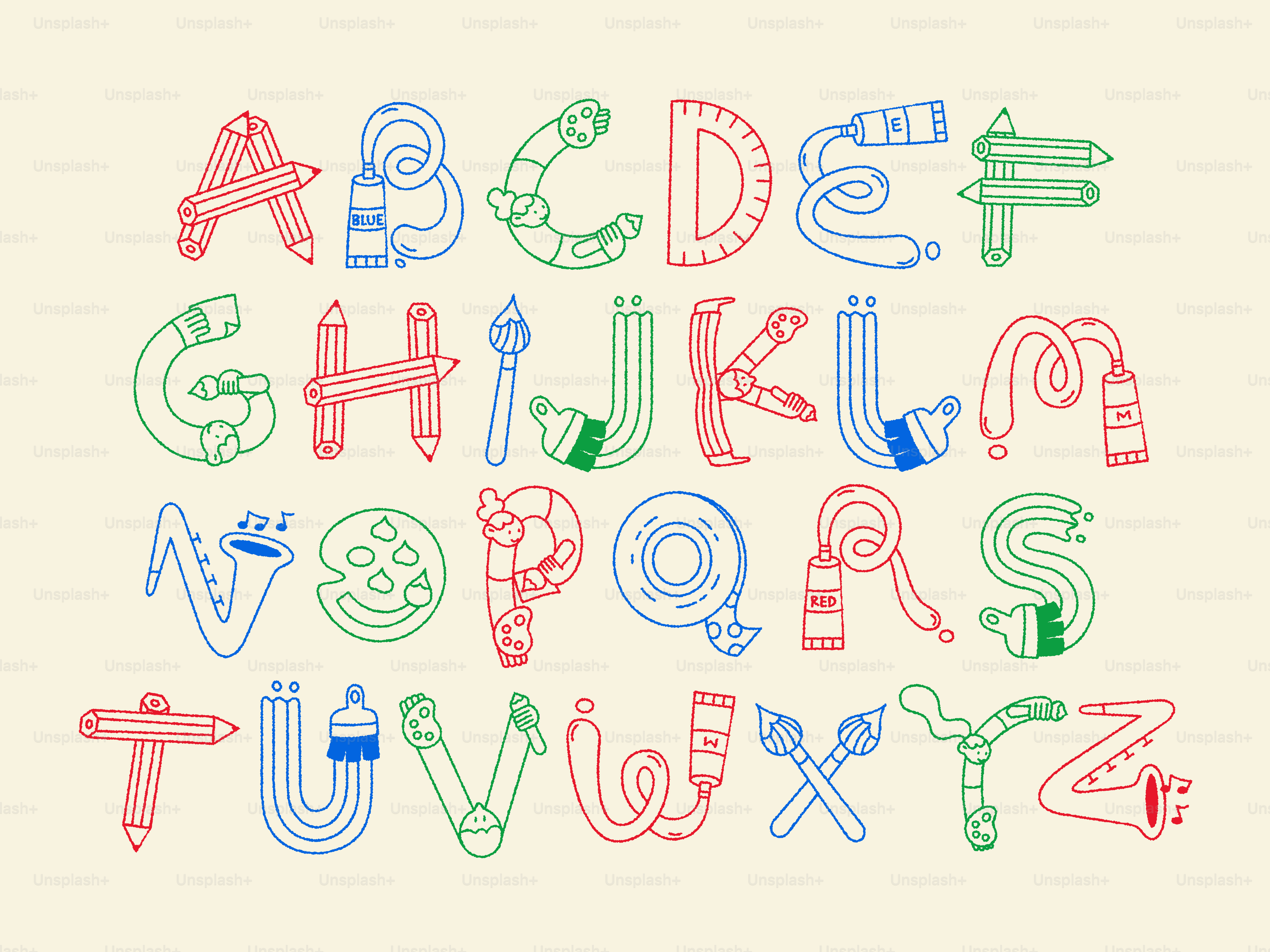 Ein Alphabet aus Buchstaben, gebildet aus bunten Kunstmaterialien und kreativen Werkzeugen