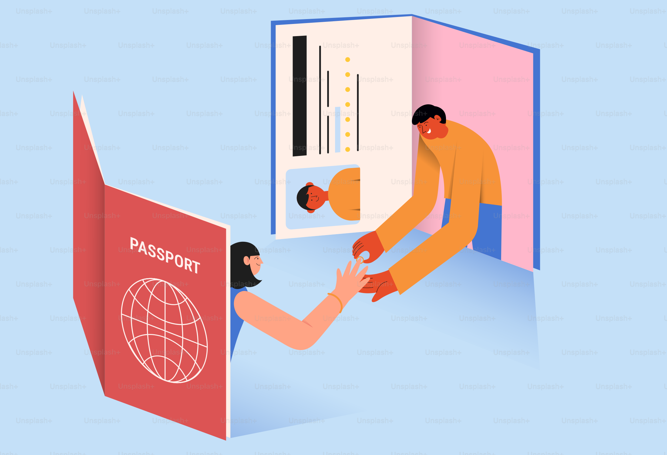 Two people emerging from open passports reaching toward each other on a blue surface