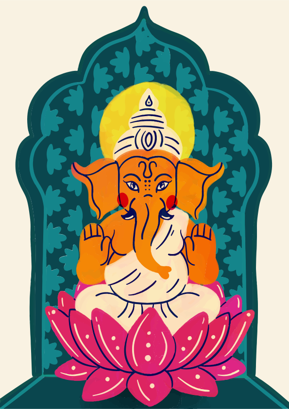 Sebuah figur Ganesha oranye duduk di atas bunga teratai merah muda dengan latar belakang teal