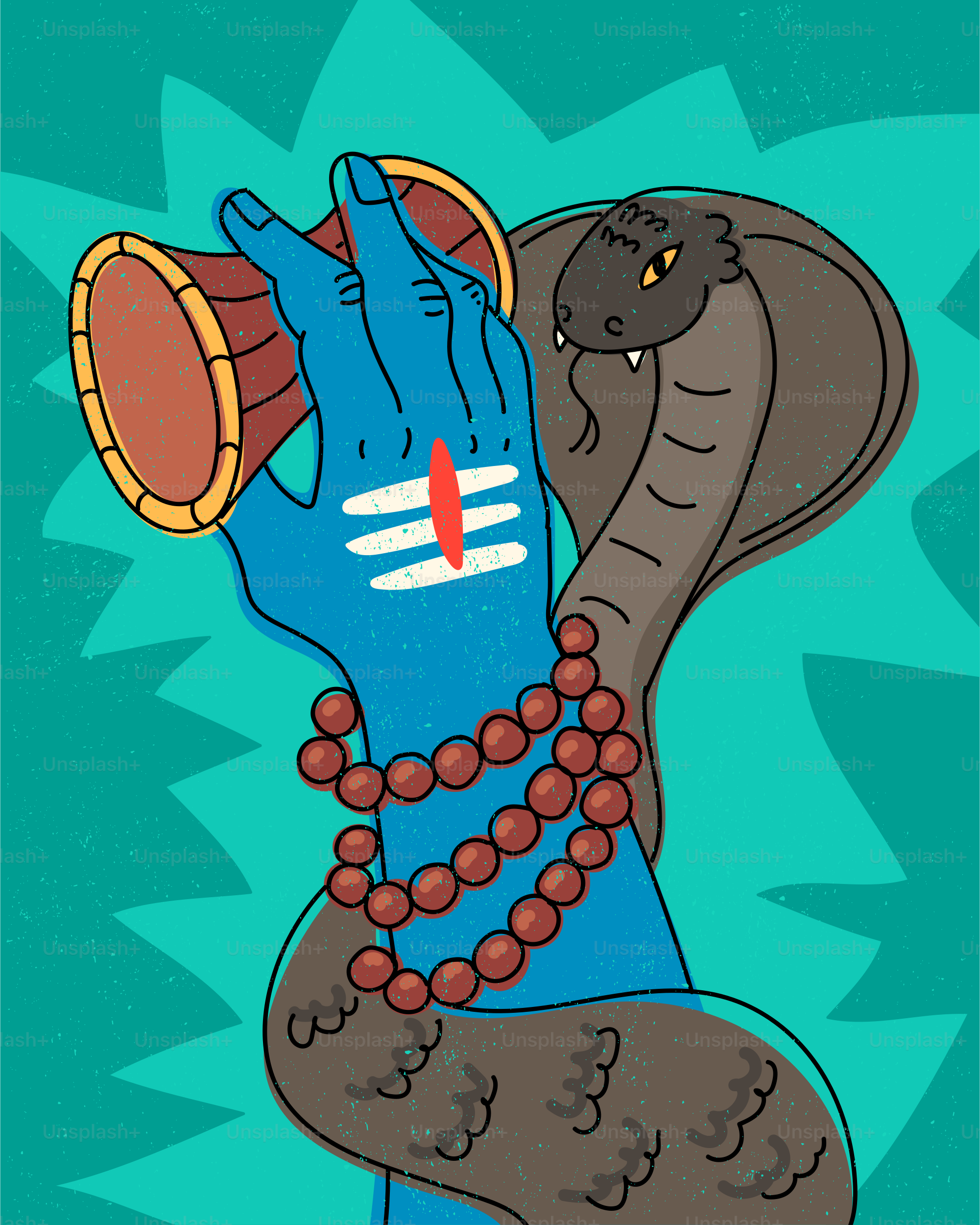 Une main bleue tenant un tambour damaru avec un cobra et des perles de prière