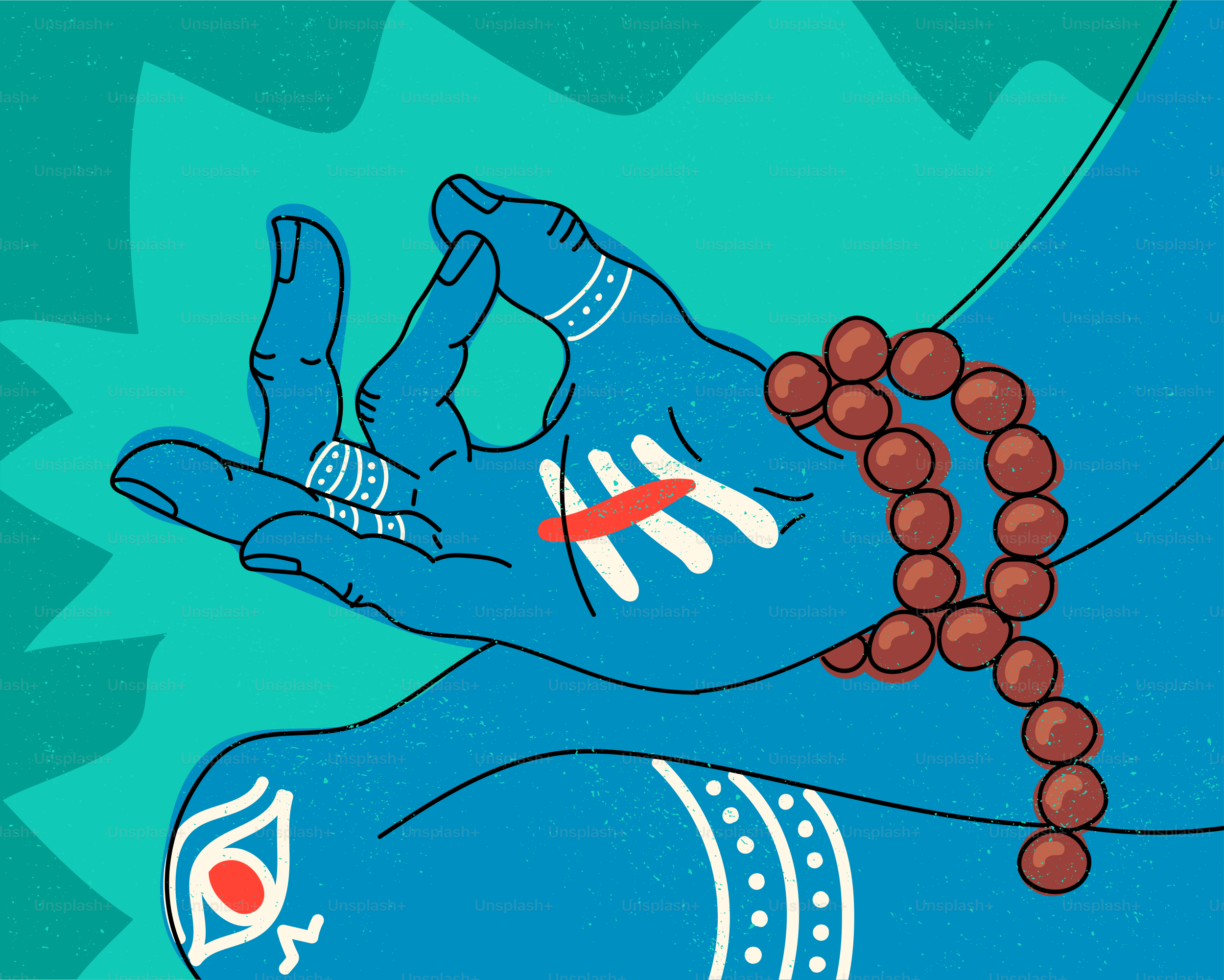 Une main bleue avec une marque Tripundra et des perles de prière en geste de mudra