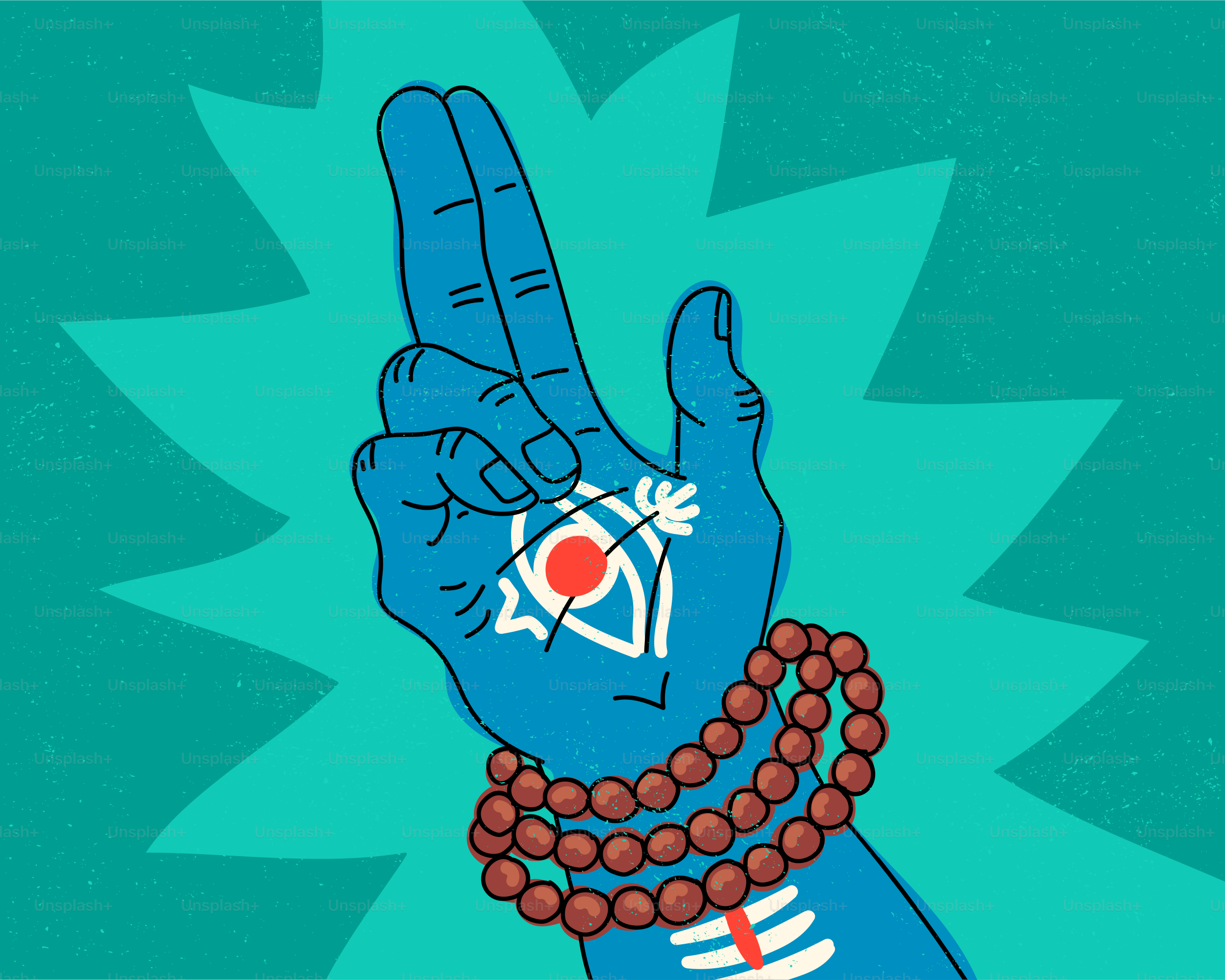 Une main bleue avec un œil rouge et des perles de prière sur fond turcelle