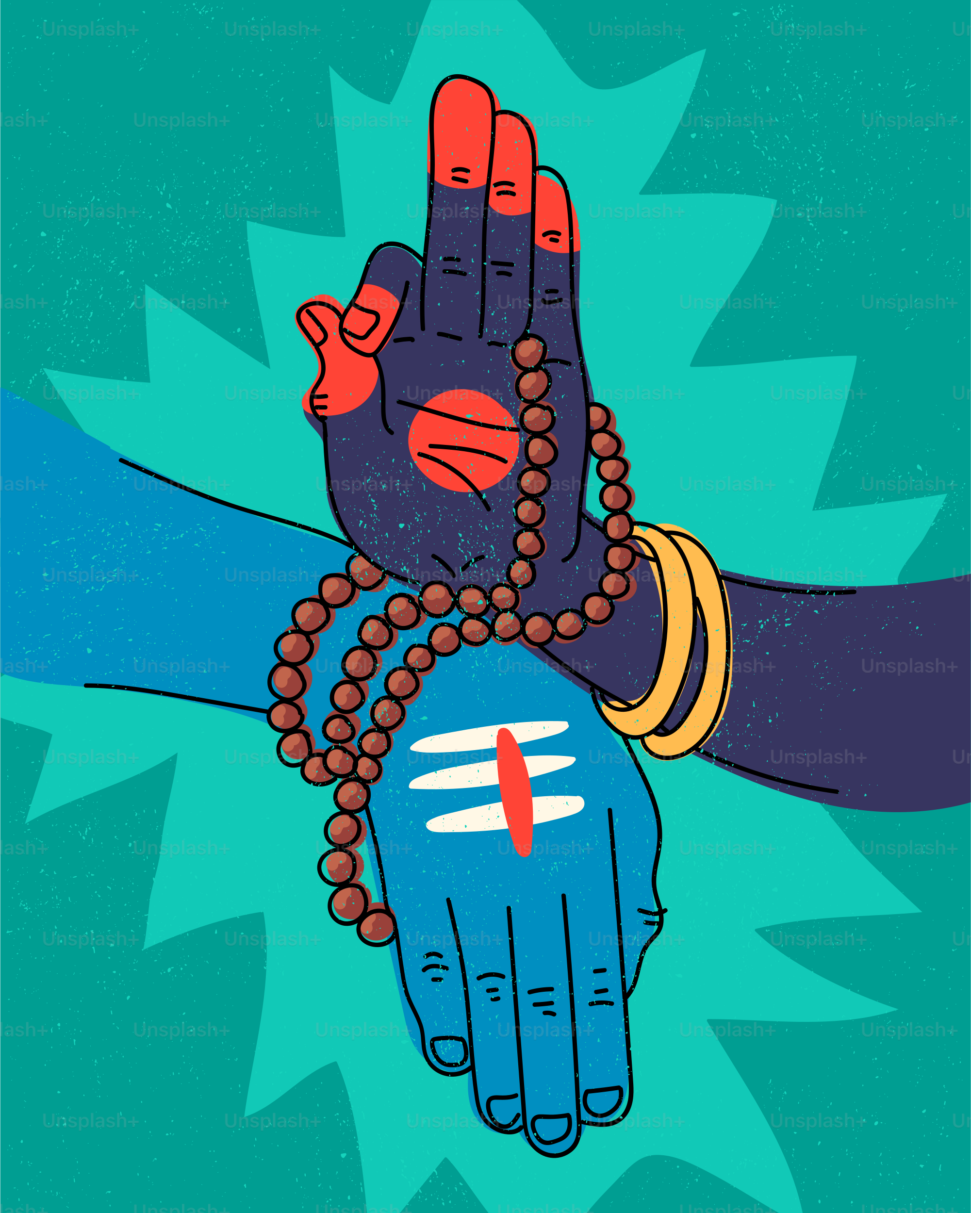Deux mains bleues avec des marques rouges et des bracelets dorés tenant des perles de prière marron