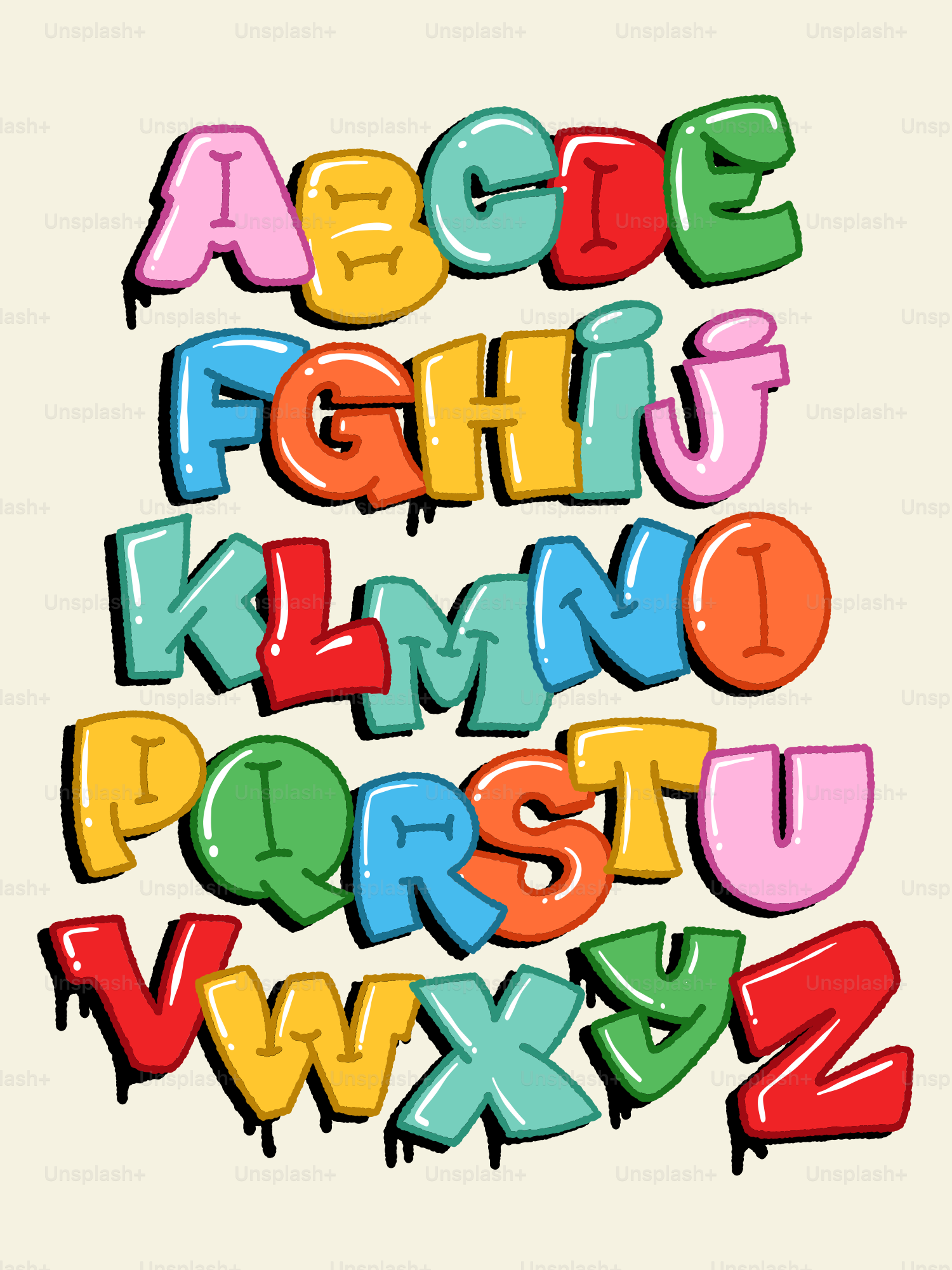 Un alphabet coloré de lettres bulles en style graffiti sur un fond clair