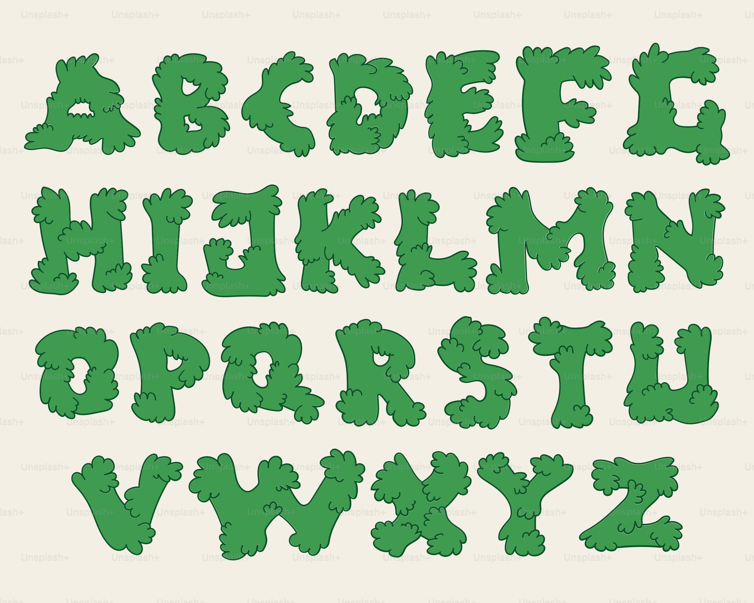 L’alphabet complet en lettres vertes avec une texture feuillue