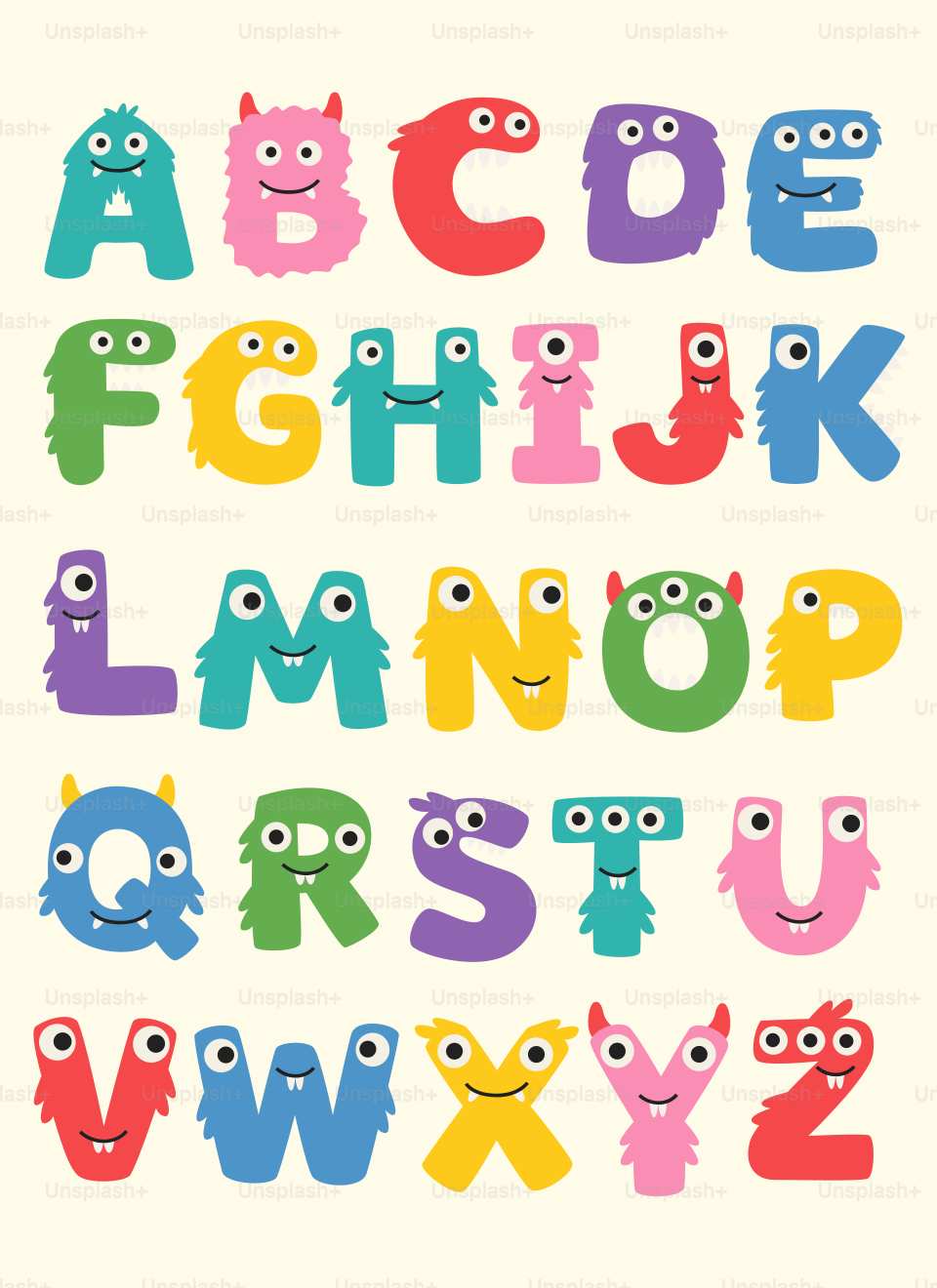 Colorful alphabet letters designed as cartoon monsters with eyes and teeth on cream