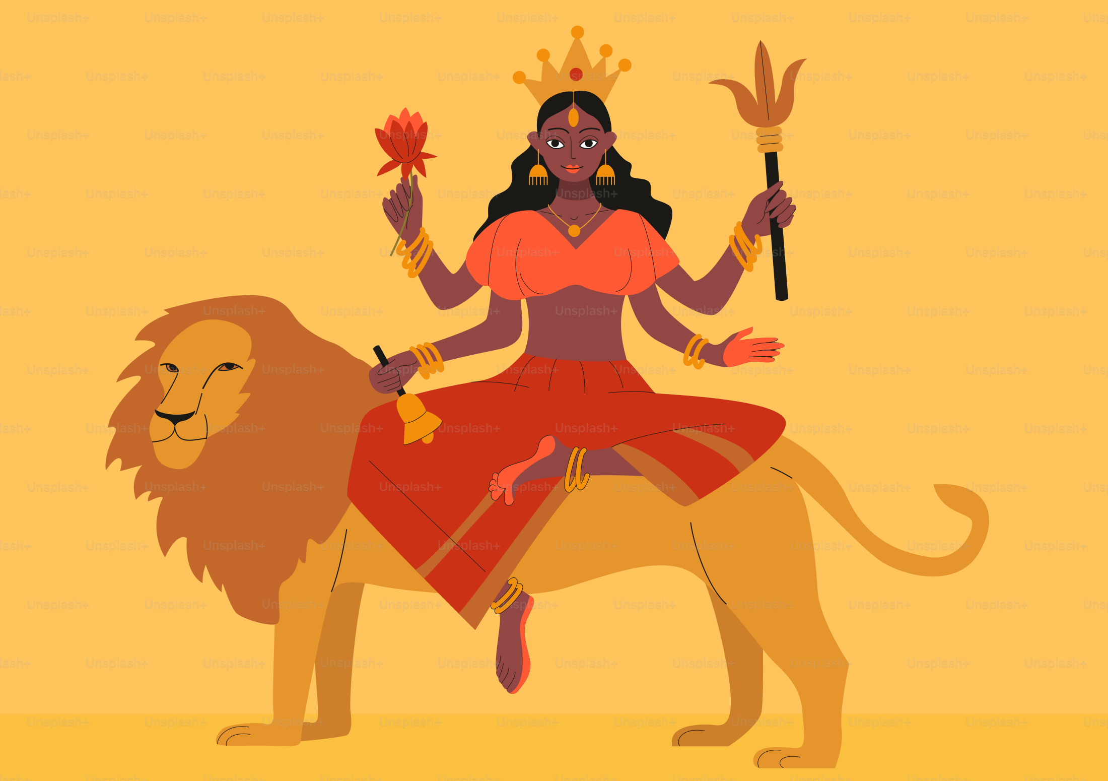 A multi-armed woman wearing a crown and red clothing riding a large lion