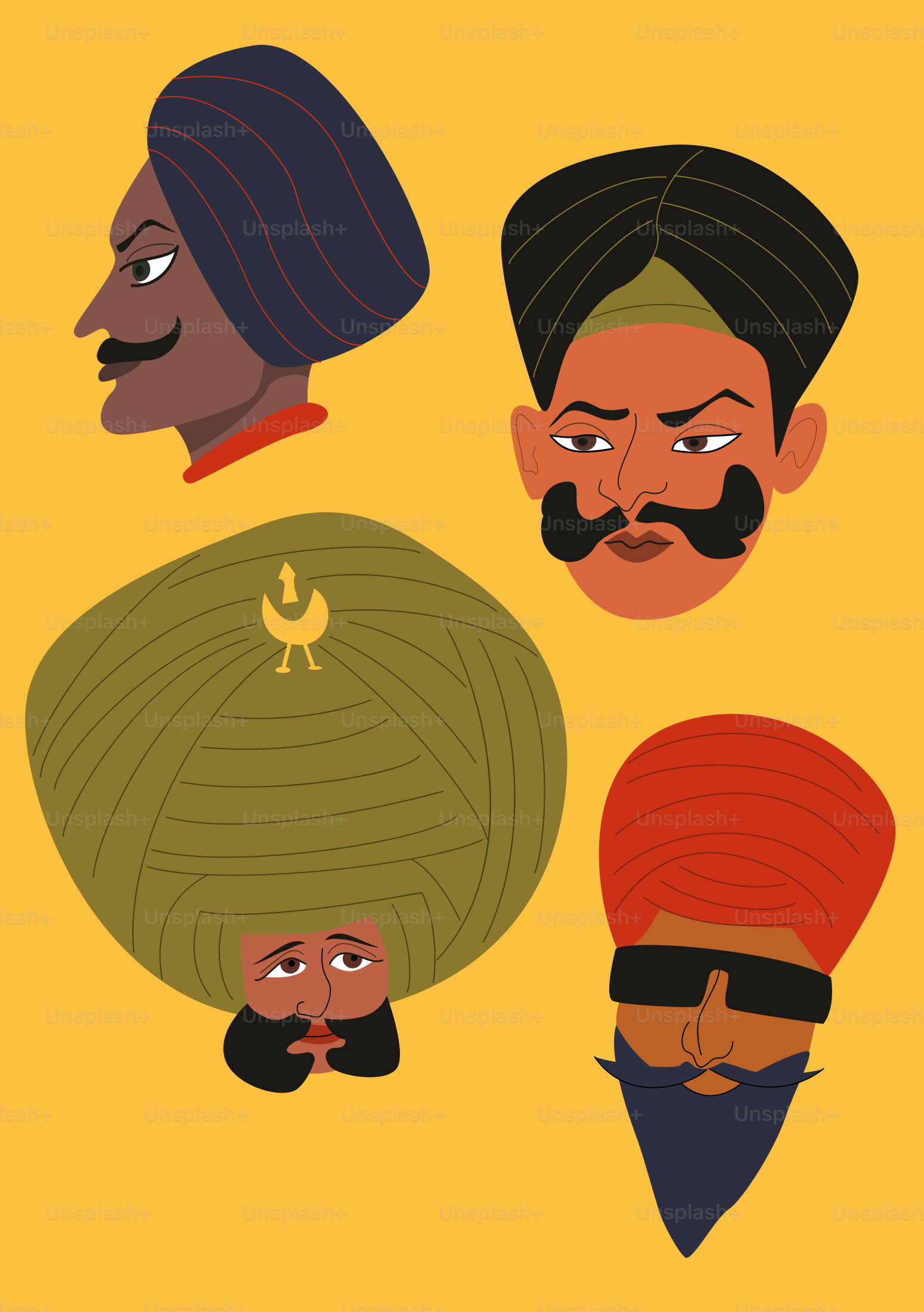 Quatro retratos ilustrados de homens sikhs usando turbantes coloridos sobre fundo amarelo