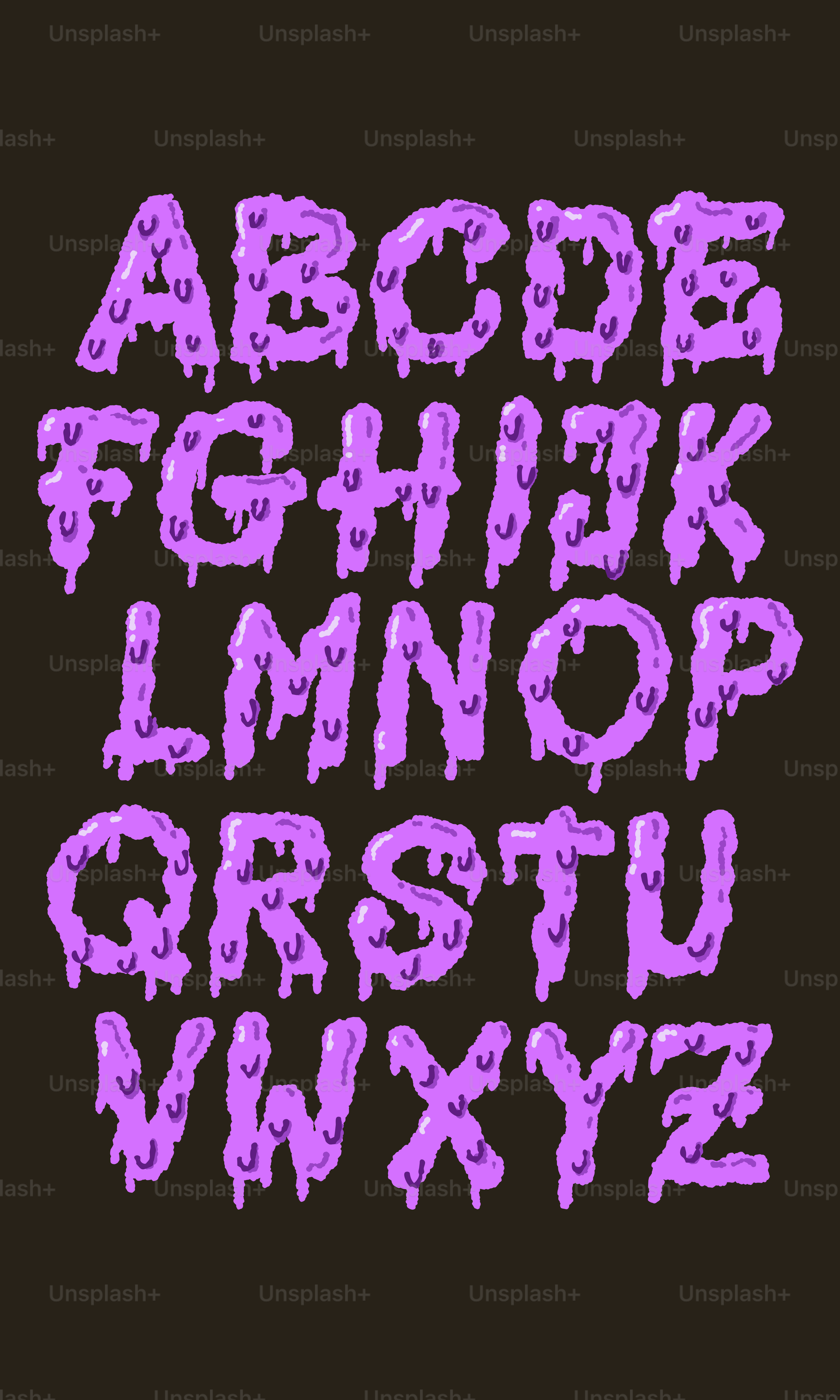 Das englische Alphabet in violetten Buchstaben mit einem tropfenden Flüssigkeitseffekt auf Schwarz