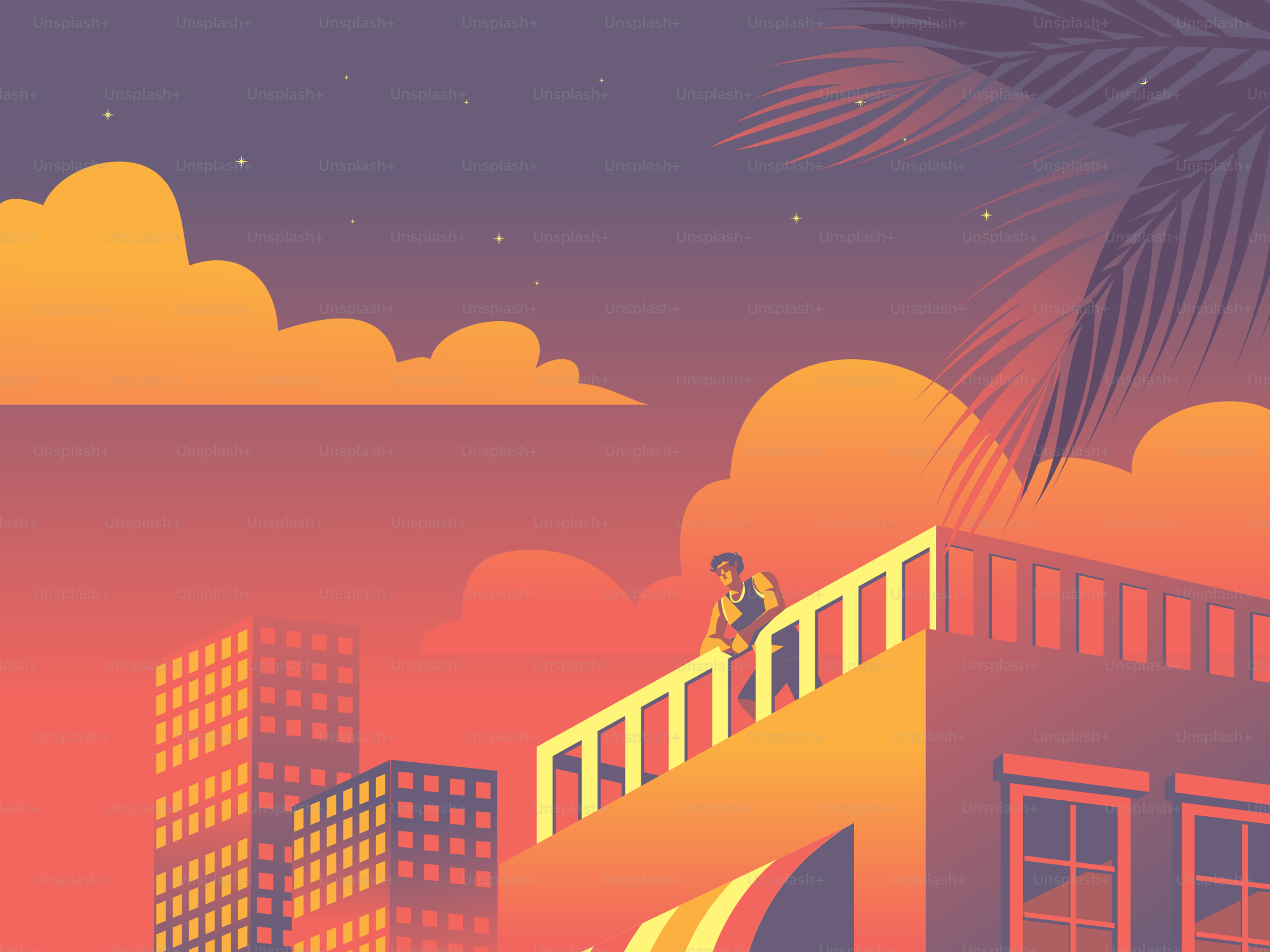 A person leaning on a rooftop railing overlooking a city at golden hour