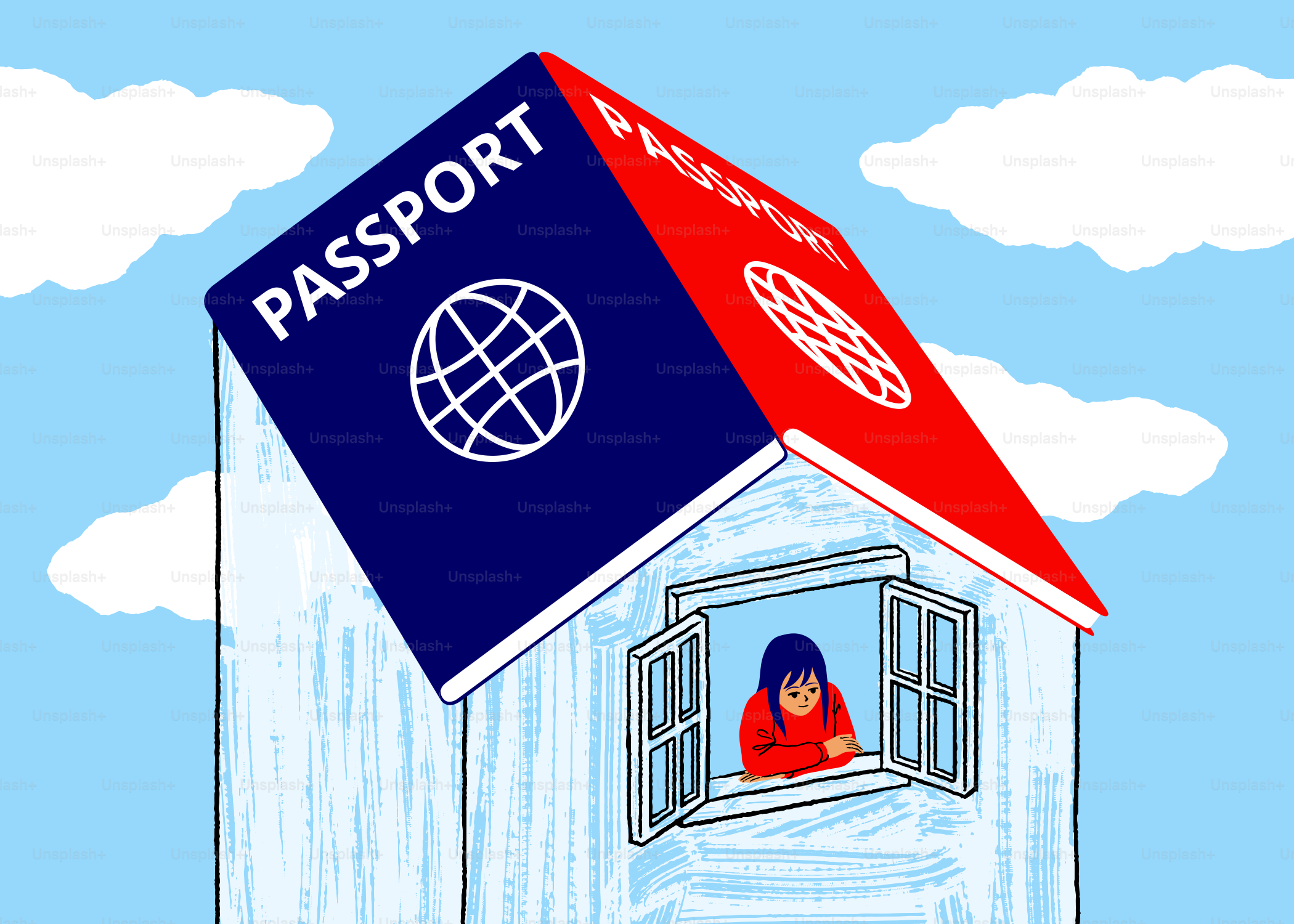 Una persona con una camicia rossa che guarda fuori da una finestra sotto il tetto di un passaporto
