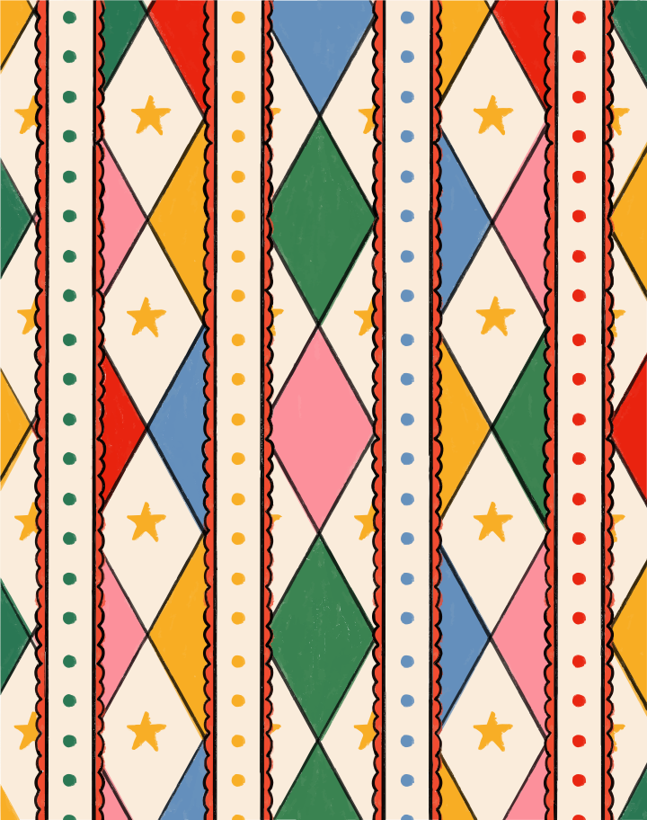 A colorful pattern of diamonds and vertical stripes with small yellow stars and dots