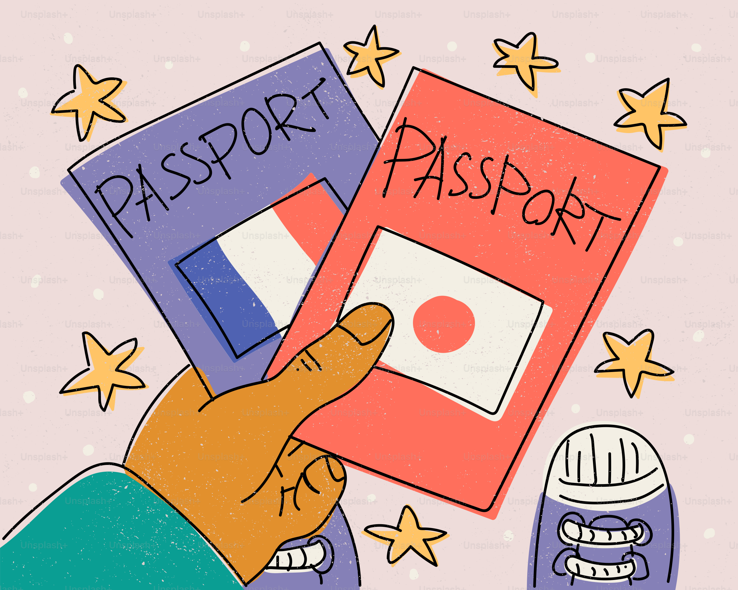 Une main tenant un passeport français et un passeport japonais avec des étoiles jaunes