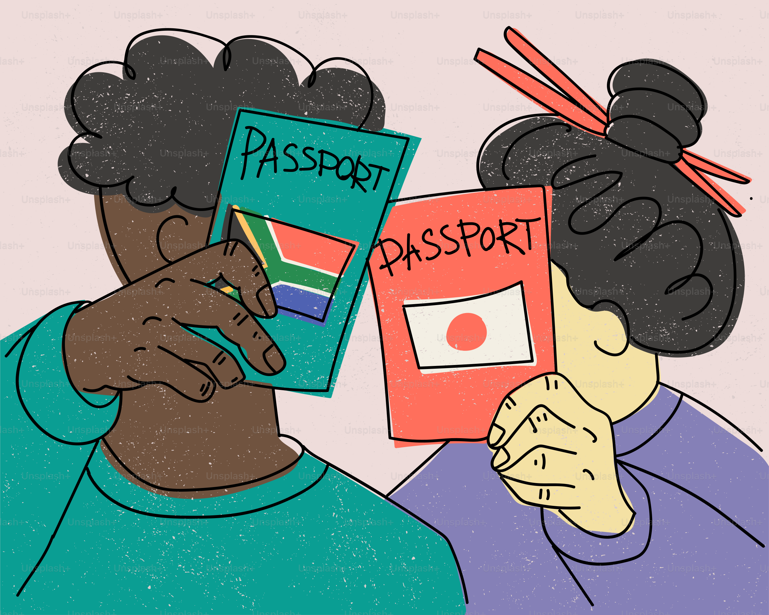 Deux personnes tenant des passeports d’Afrique du Sud et du Japon devant leur visage