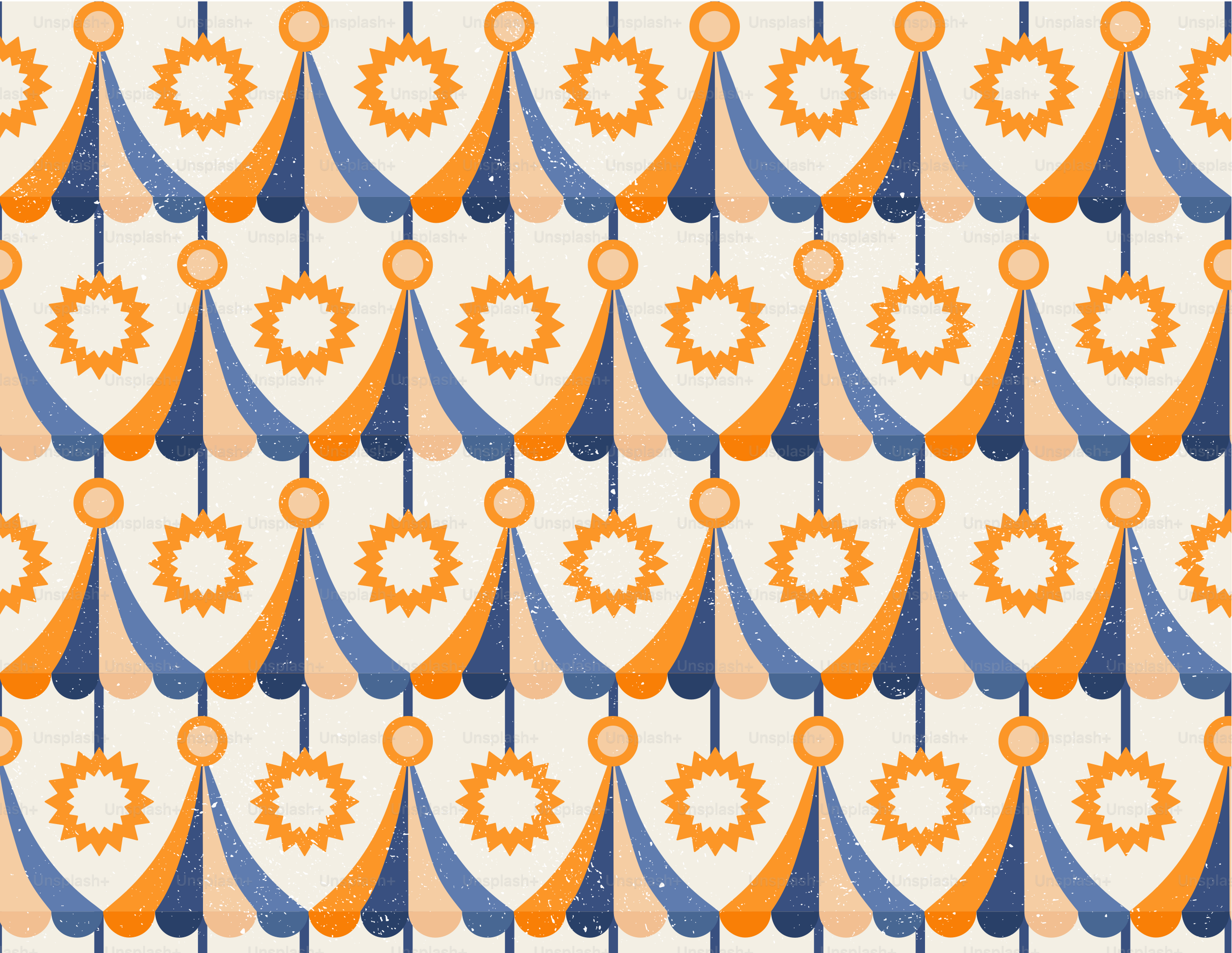 Motif sans couture de guirlandes festonnées bleues et orange avec des motifs suspendus de rayons de soleil