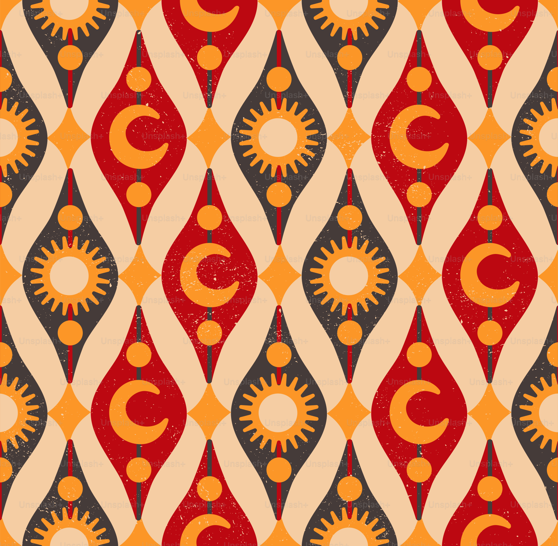 Motif sans couture de losanges rouges et gris foncé contenant des soleils et des lunes jaunes