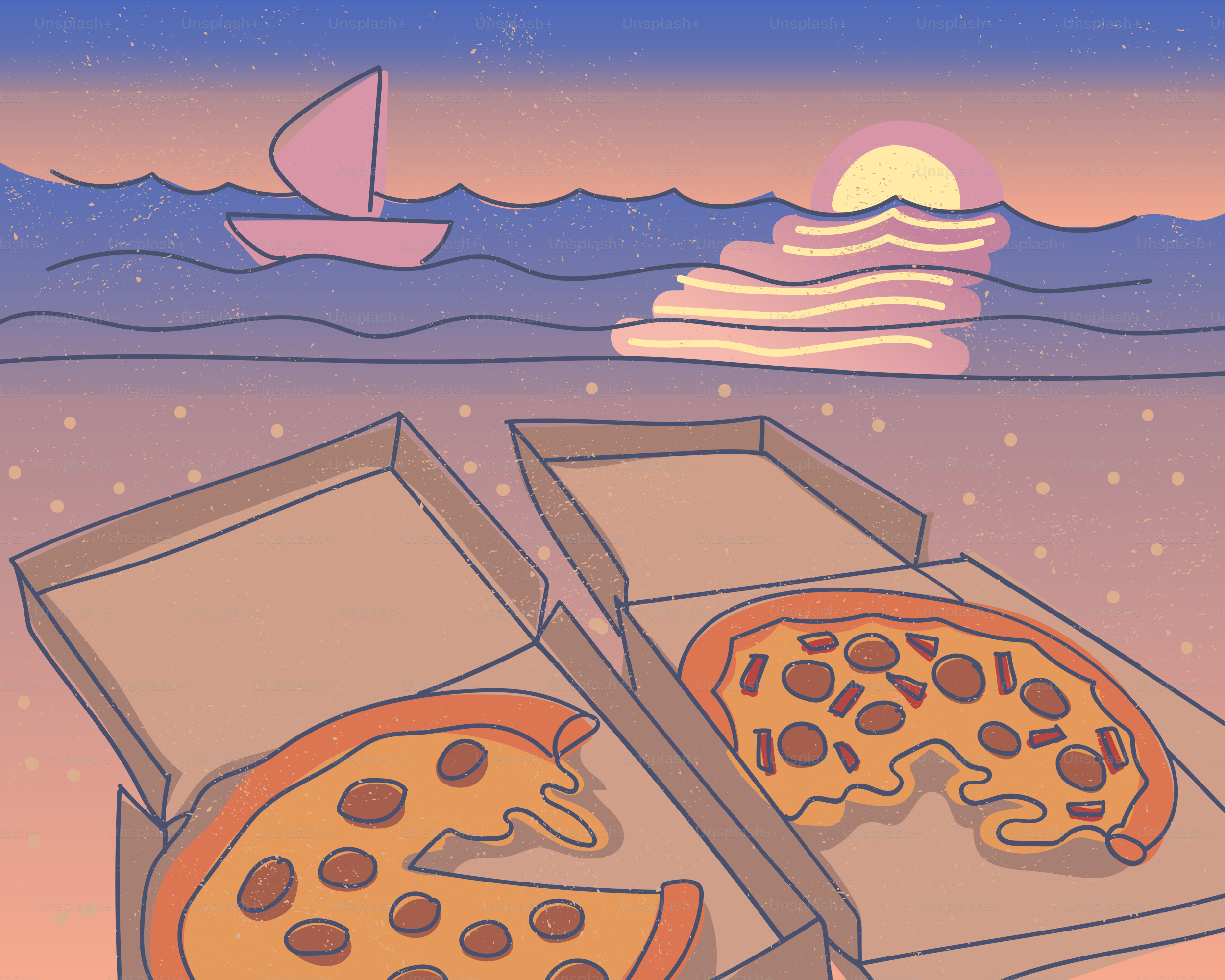 Deux boîtes à pizza ouvertes sur une plage de sable avec un voilier et un soleil bas