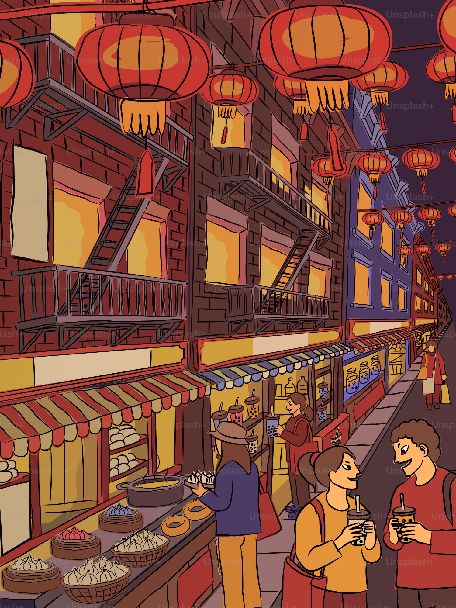 People shopping at street stalls under red lanterns at night in a city