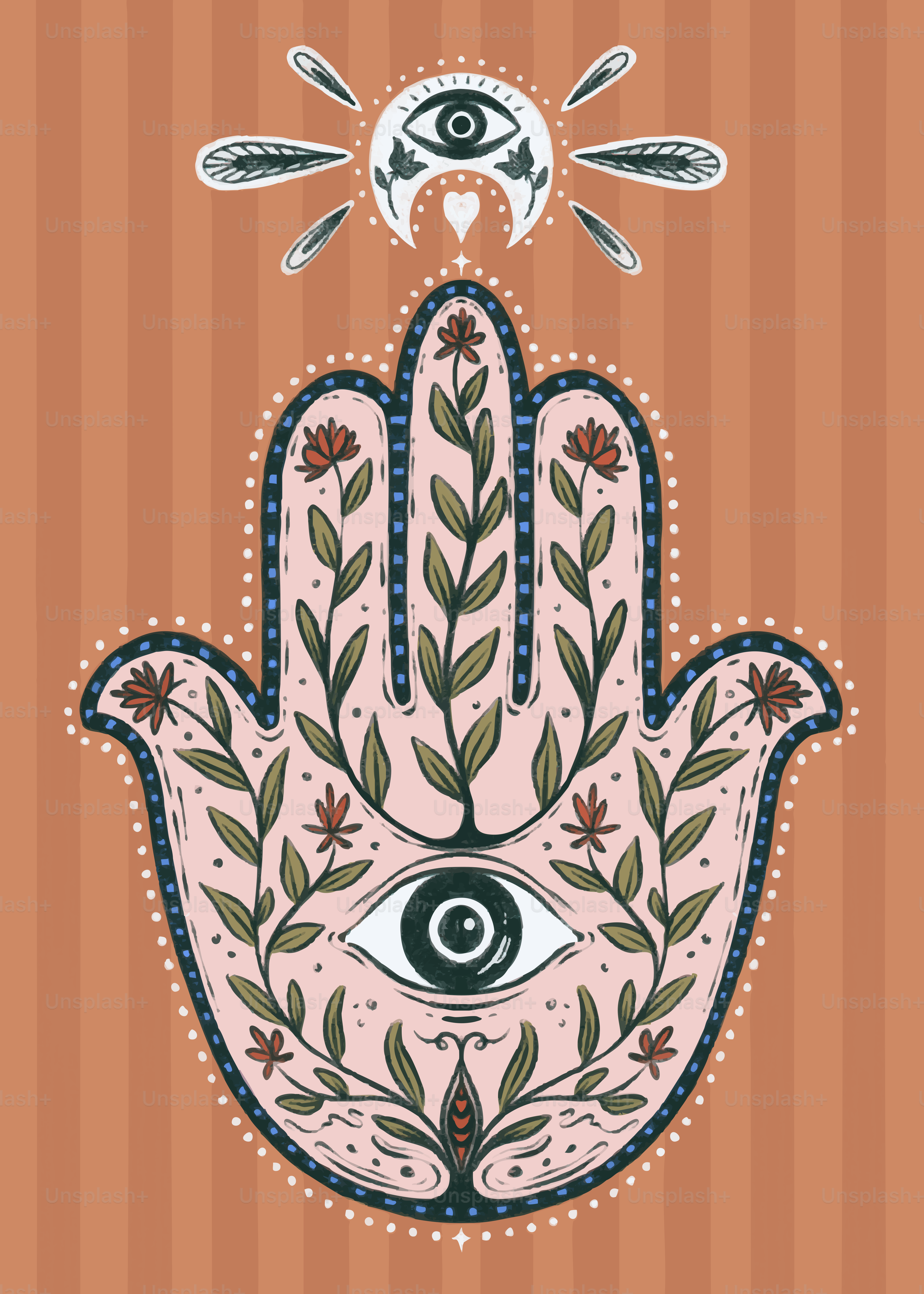 Ein pinkes Hamsa-Handsymbol mit Blumenmustern und einem Auge auf gestreiftem Hintergrund