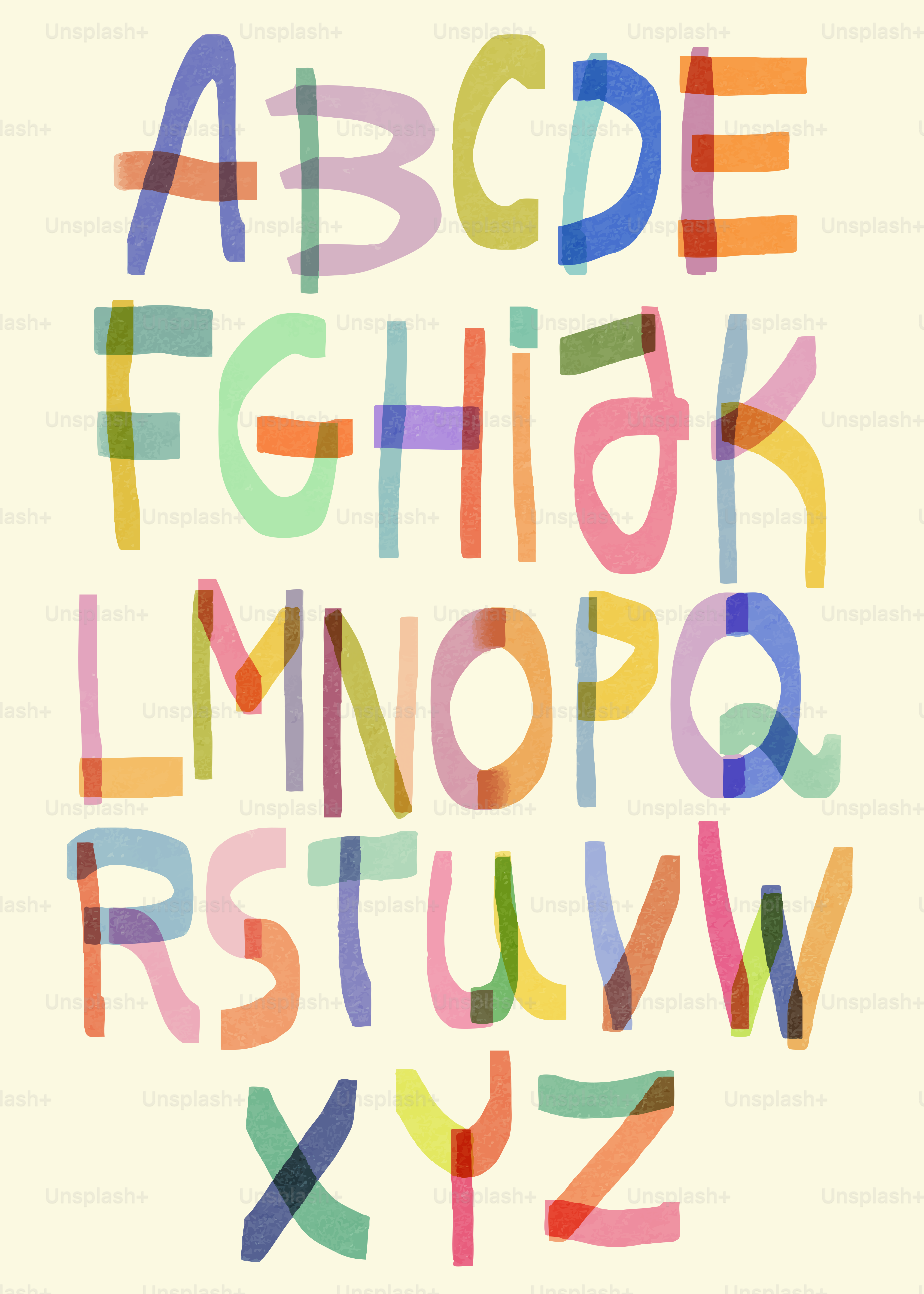 Das englische Alphabet in bunten, sich überlappenden Buchstaben auf einem hellen cremefarbenen Hintergrund