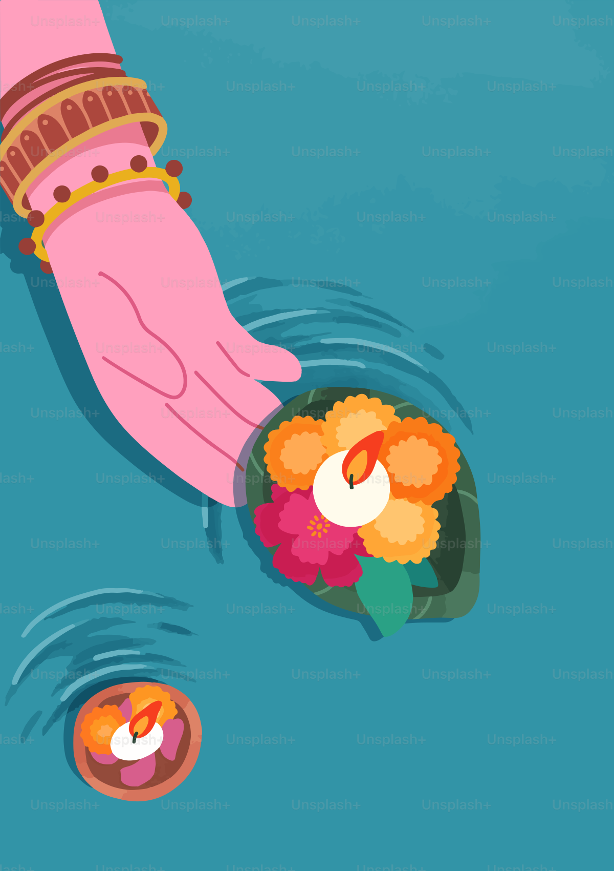 A pink hand with gold bracelets placing a floral diya on blue water