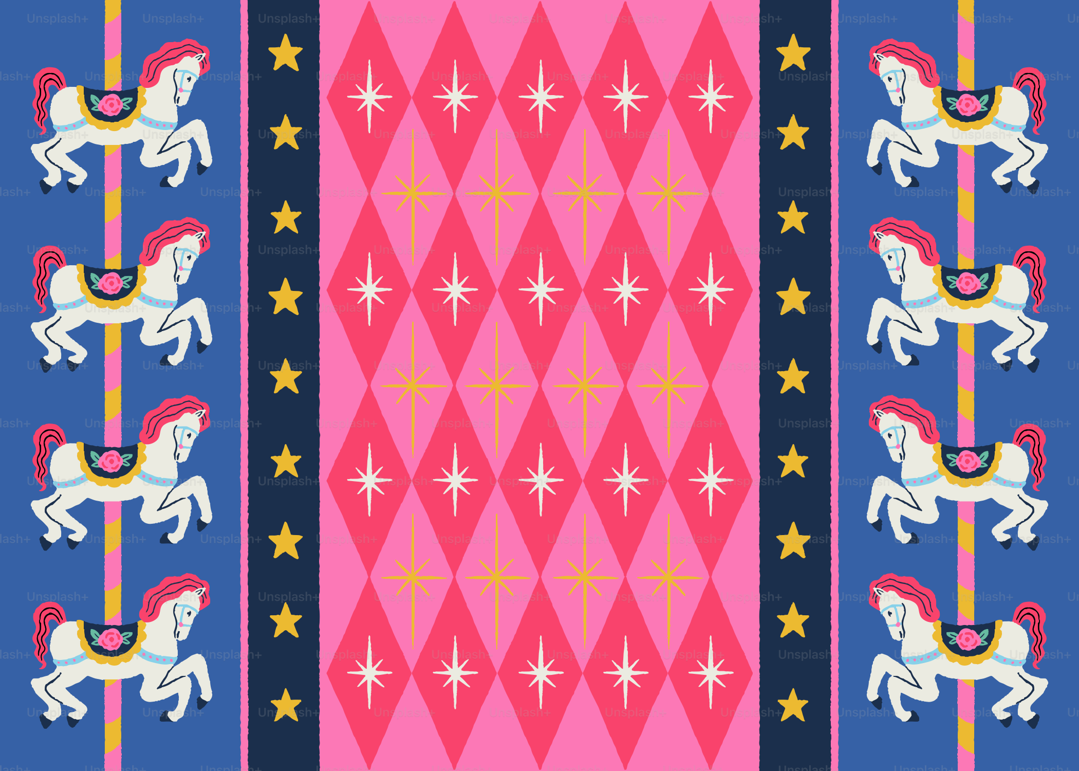 Cavalli carosello su pannelli blu accanto a un motivo rosa a rombi con stelle dorate