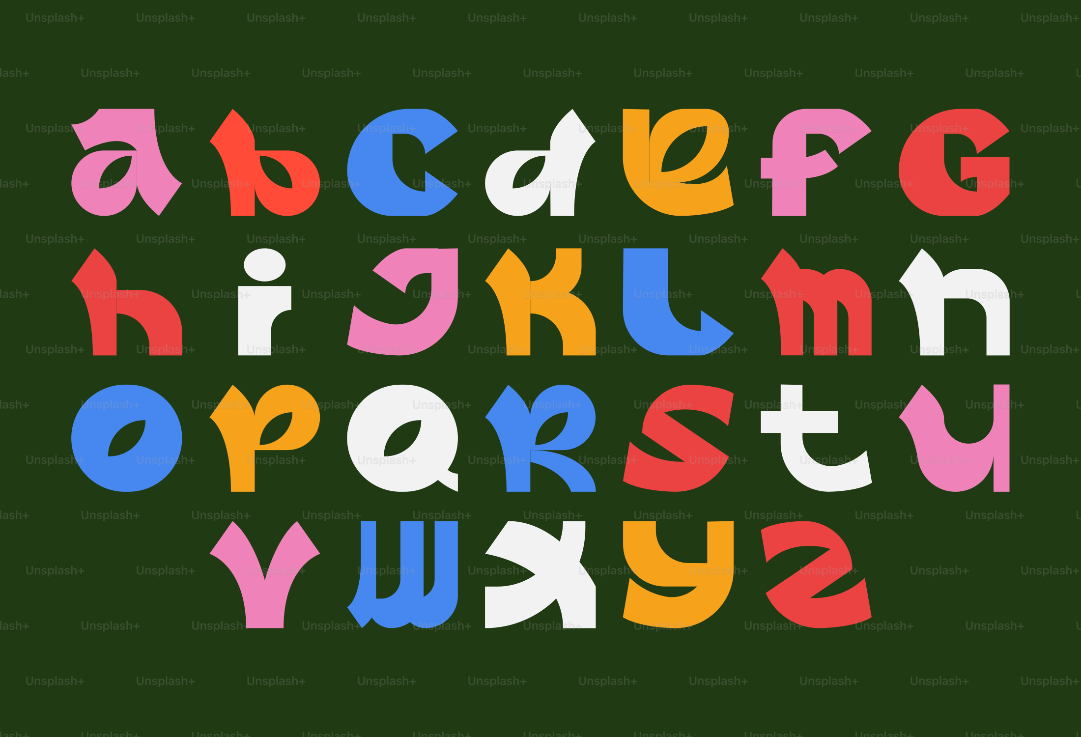 A colorful set of stylized alphabet letters arranged on a dark green background