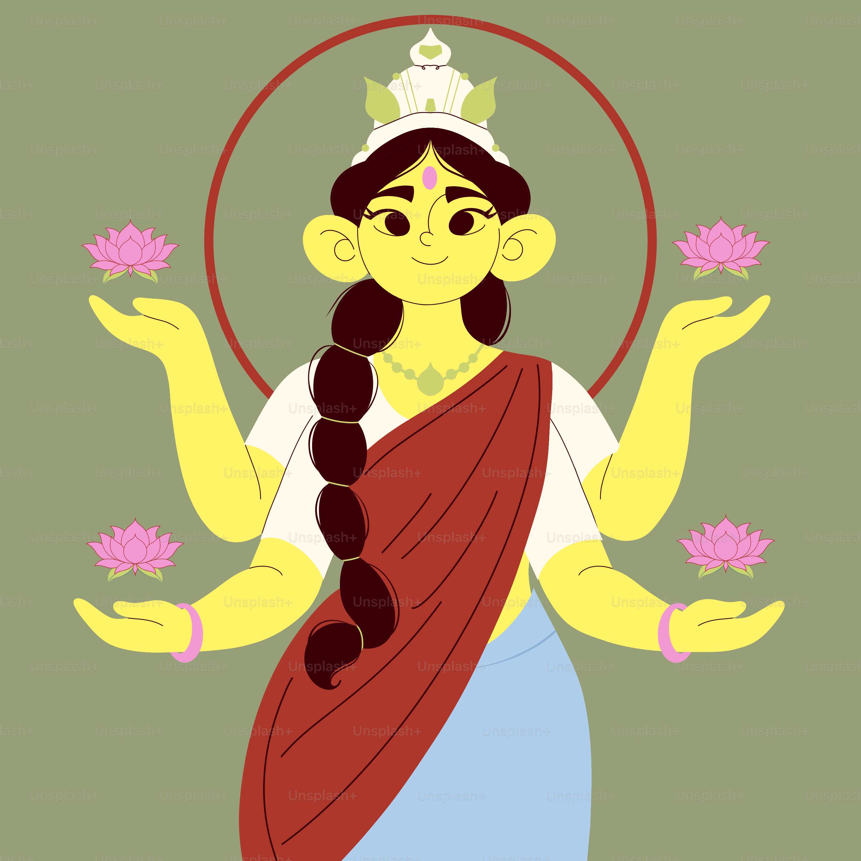 A four-armed person in a sari holding pink lotus flowers against a green background