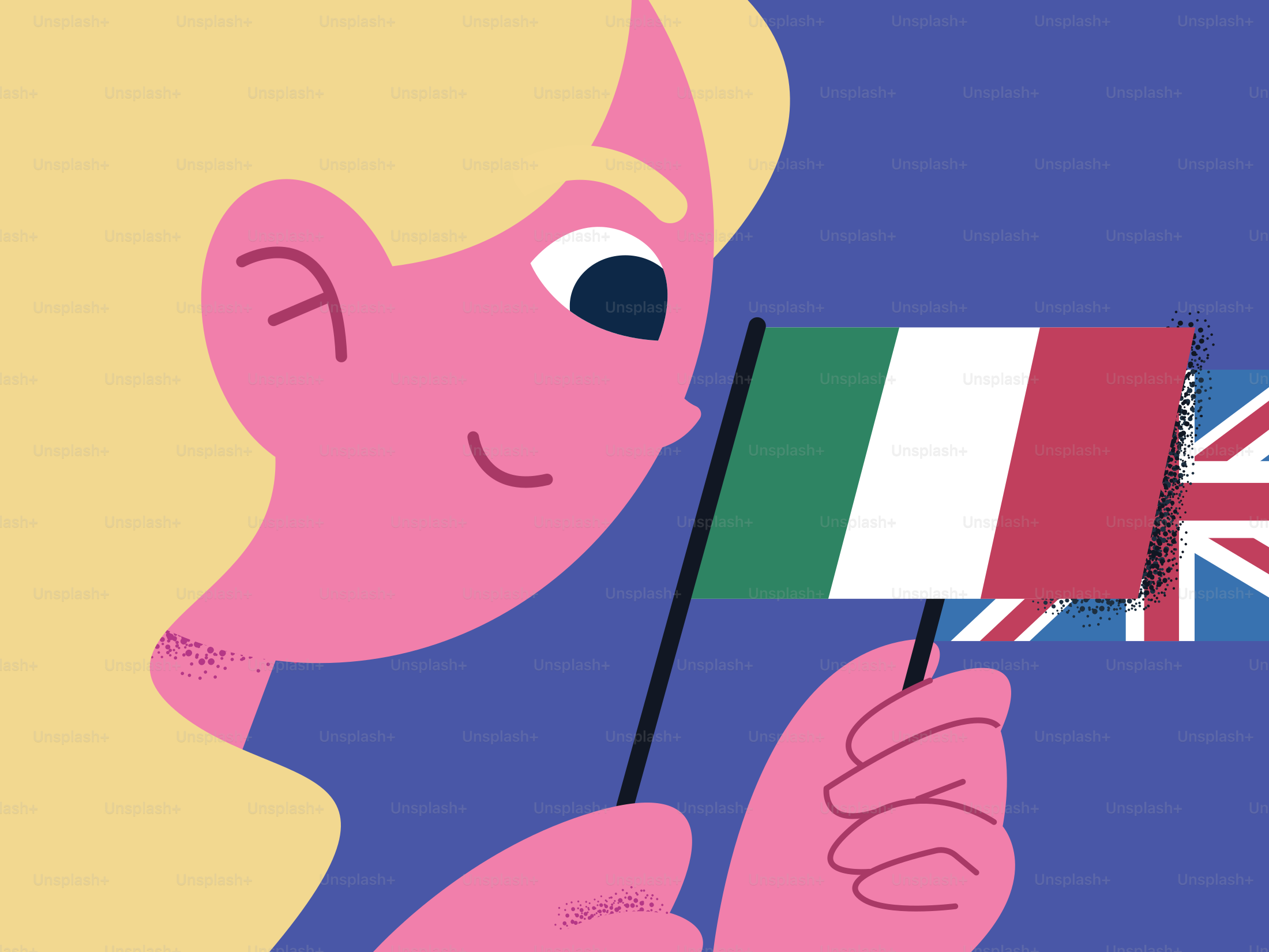 Uma pessoa de cabelos loiros segurando uma pequena bandeira italiana sobre fundo azul