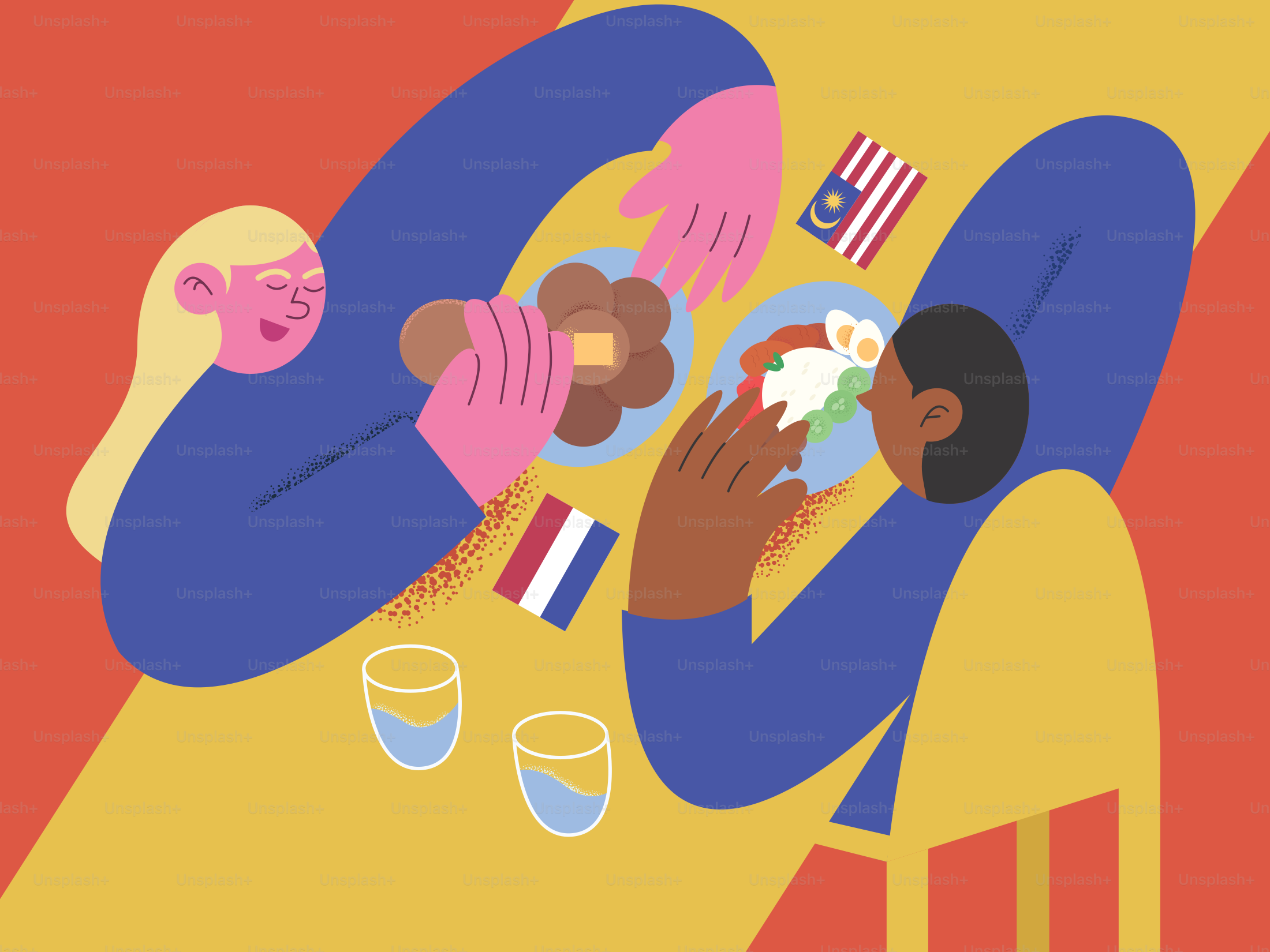 Duas pessoas fazendo refeições em uma mesa com bandeiras da Malásia e da Holanda