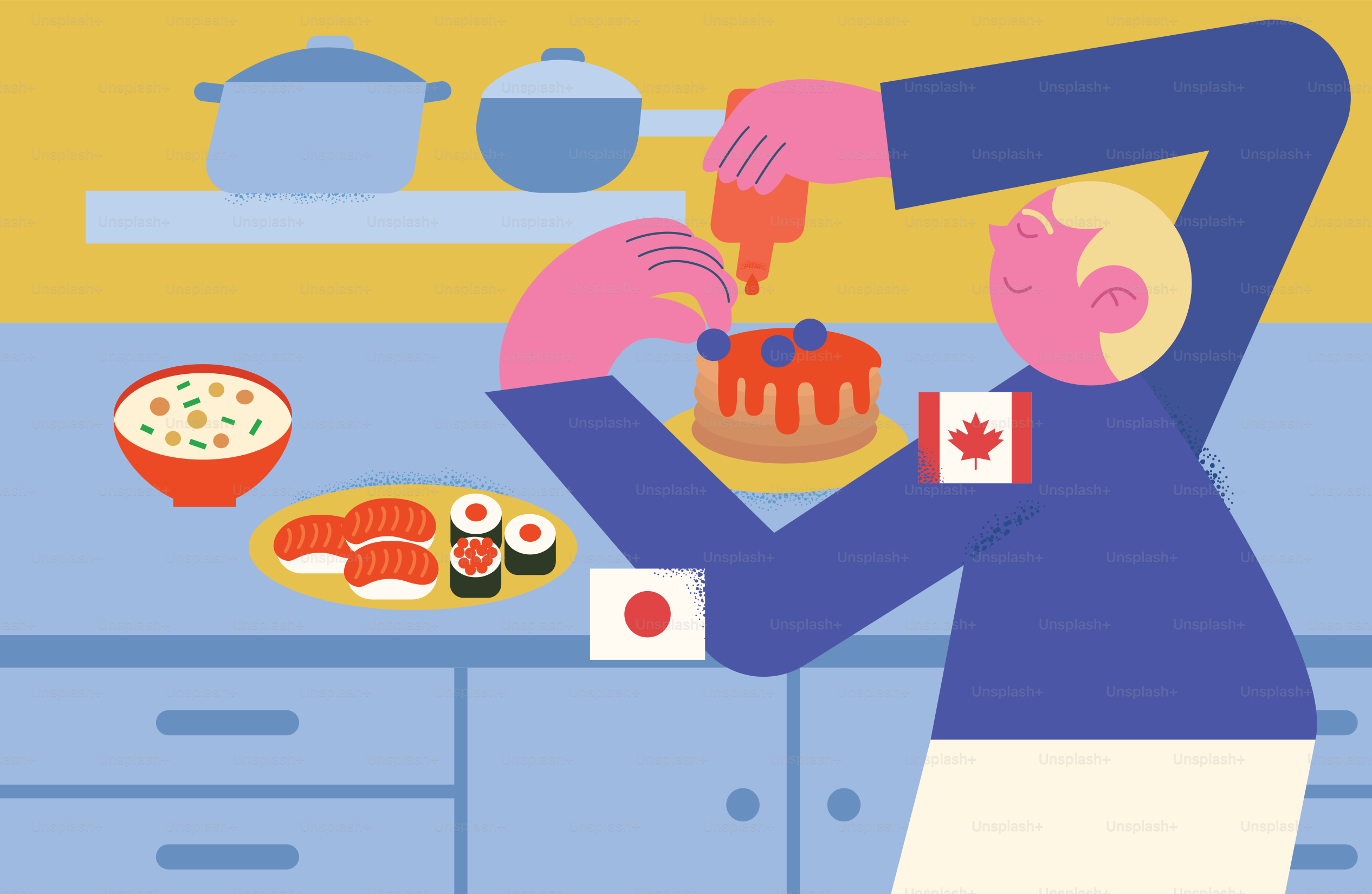 Uma pessoa decorando panquecas com mirtilos em uma cozinha com sushi e sopa