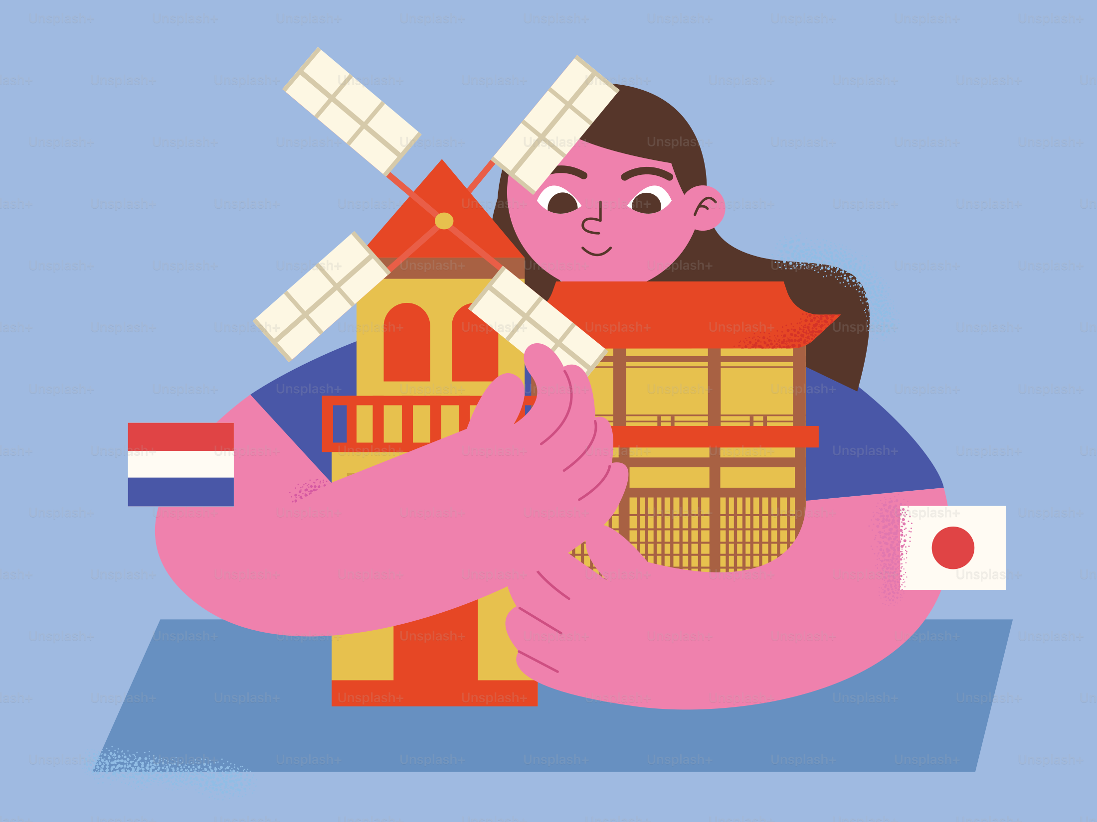 Uma pessoa segurando um moinho de vento holandês e um pagode japonês com bandeiras nacionais