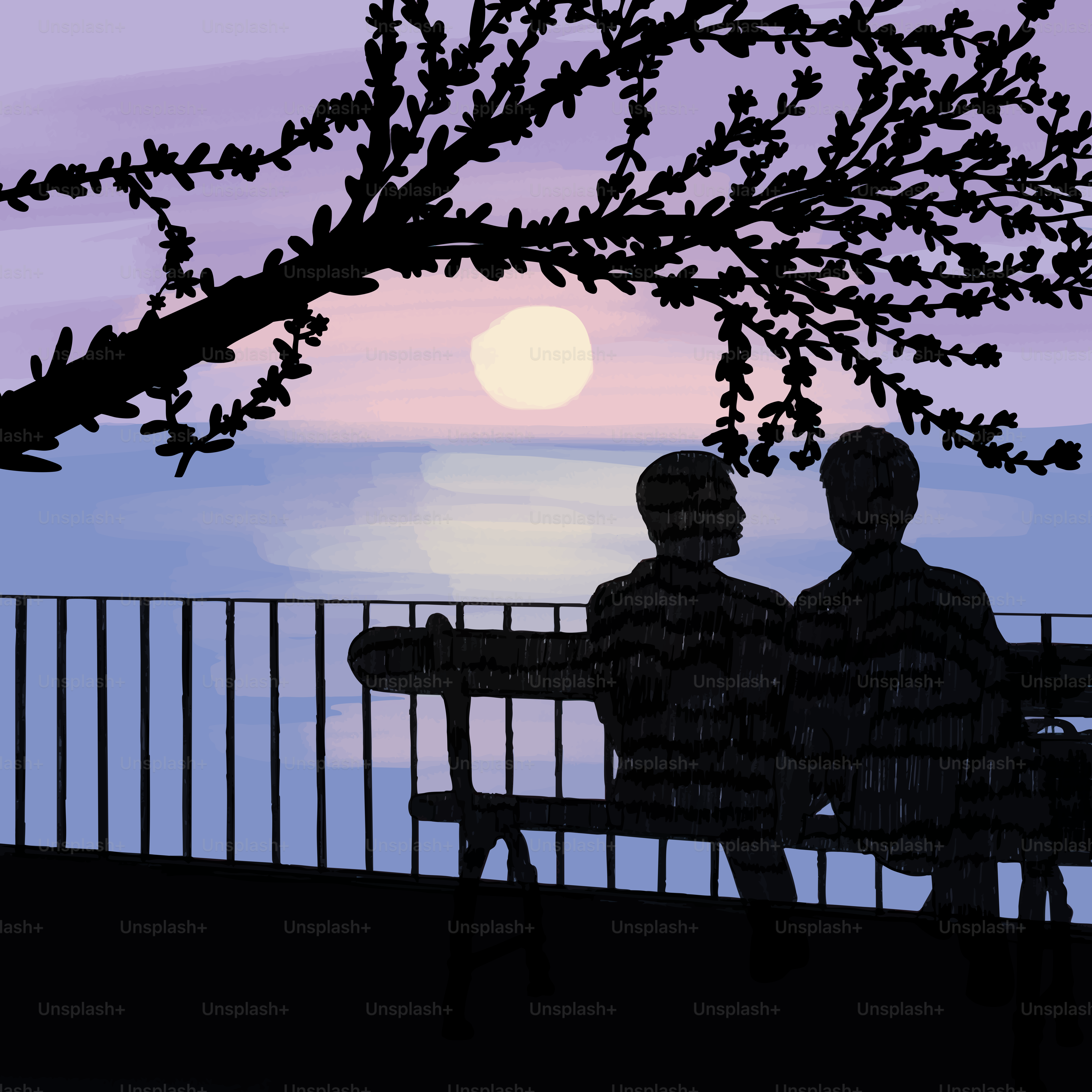 Zwei Personen in Silhouette sitzen auf einer Bank mit Blick auf das Meer bei niedriger Sonne