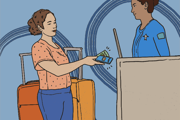 A woman handing a passport to an airline agent at a check-in counter