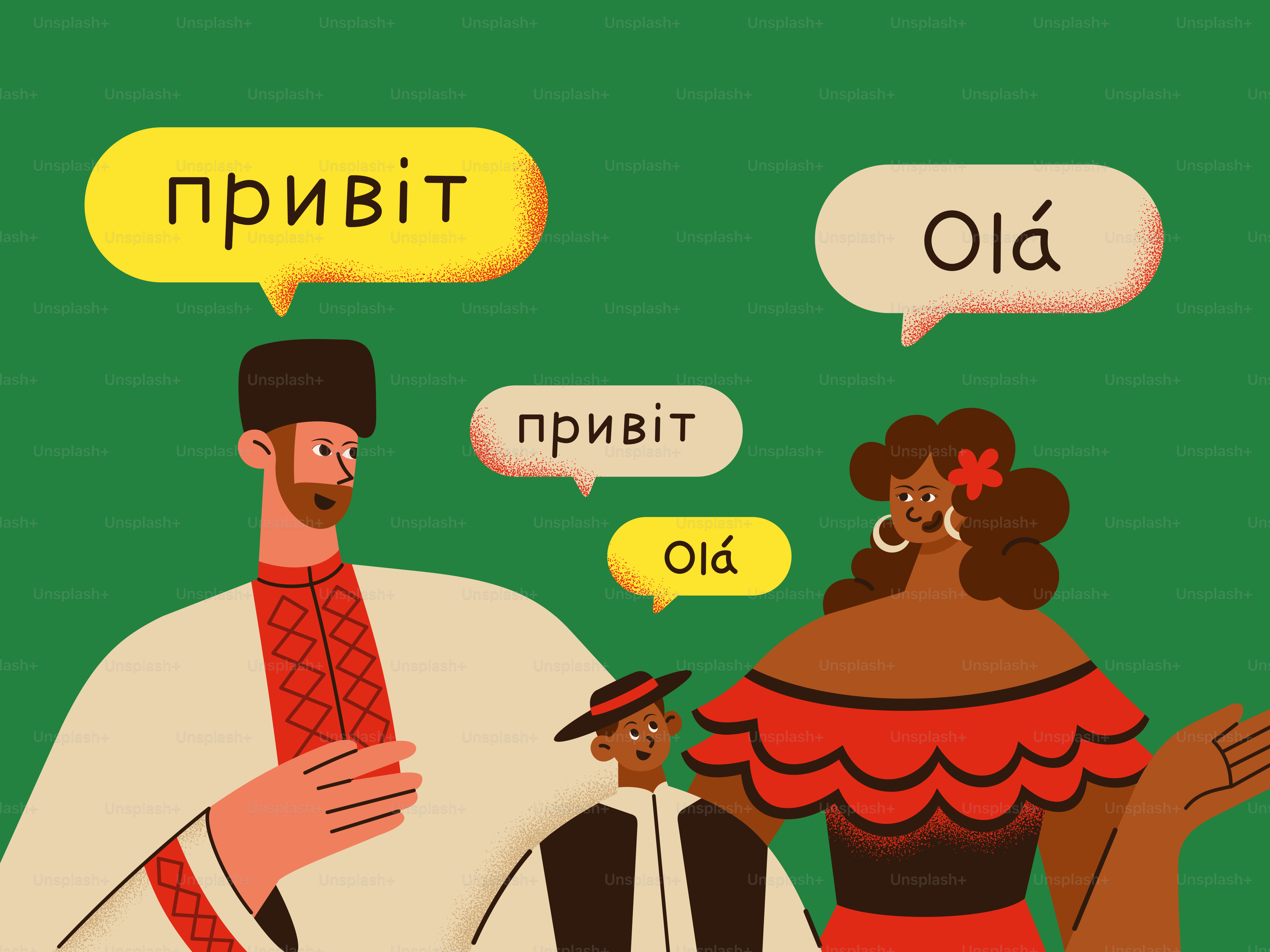 Ein Mann und eine Frau in traditioneller Kleidung mit Sprechblasen, die Grüße in verschiedenen Sprachen enthielten