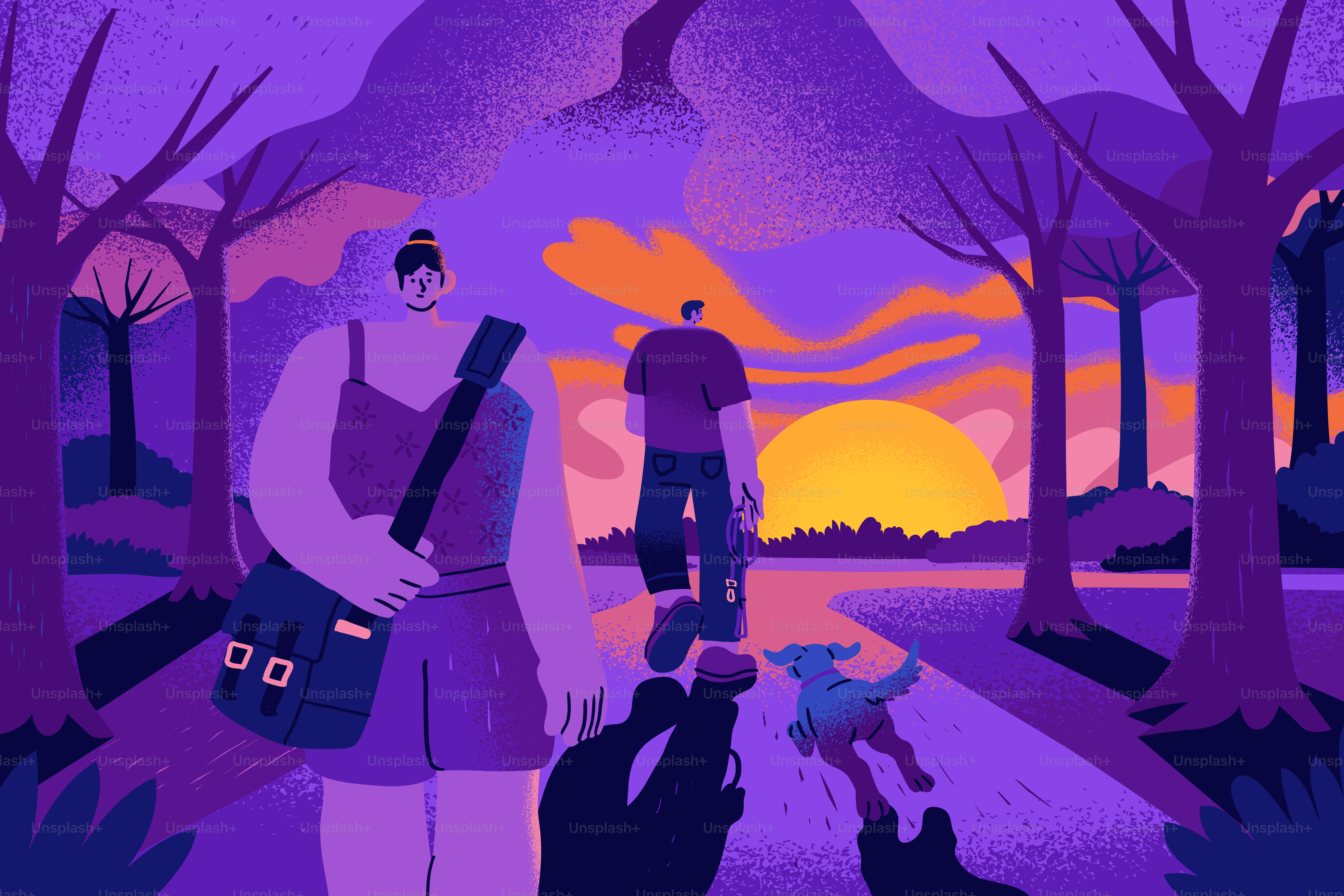 A woman with a shoulder bag and a person walking a dog in a park