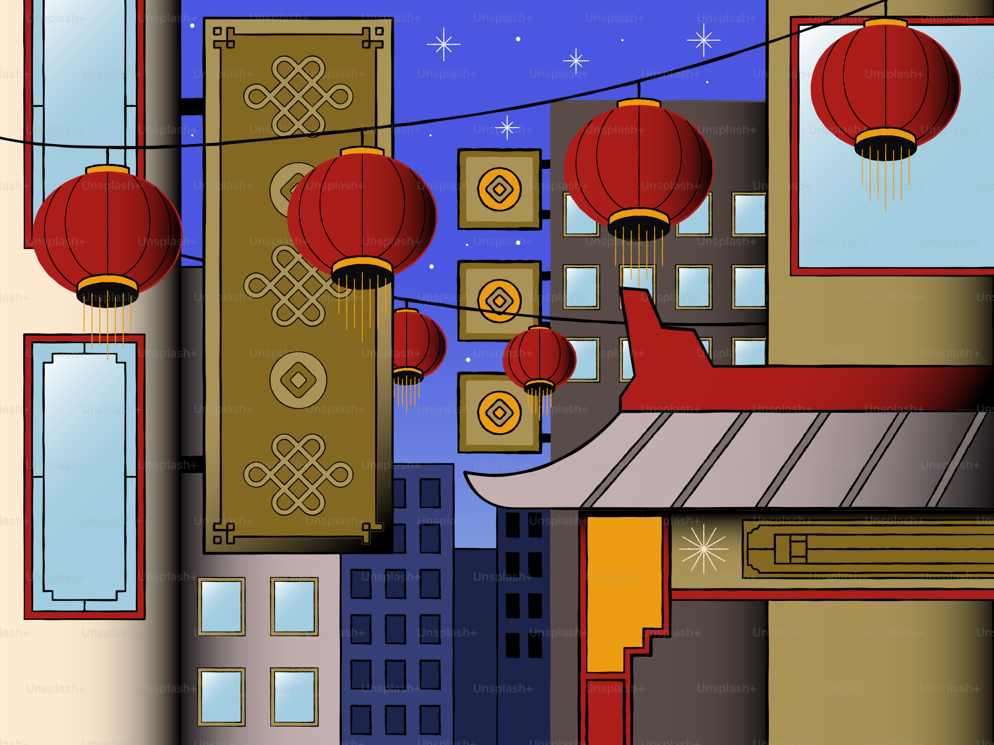 Des lanternes en papier rouges suspendues au-dessus d’une rue de la ville avec des détails architecturaux traditionnels la nuit