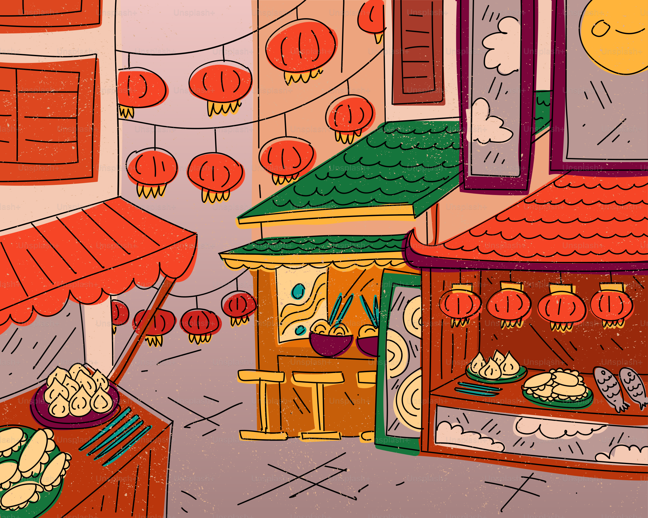 Des étals de marché avec de la nourriture et des lanternes rouges dans une scène vibrante de rue de Chinatown
