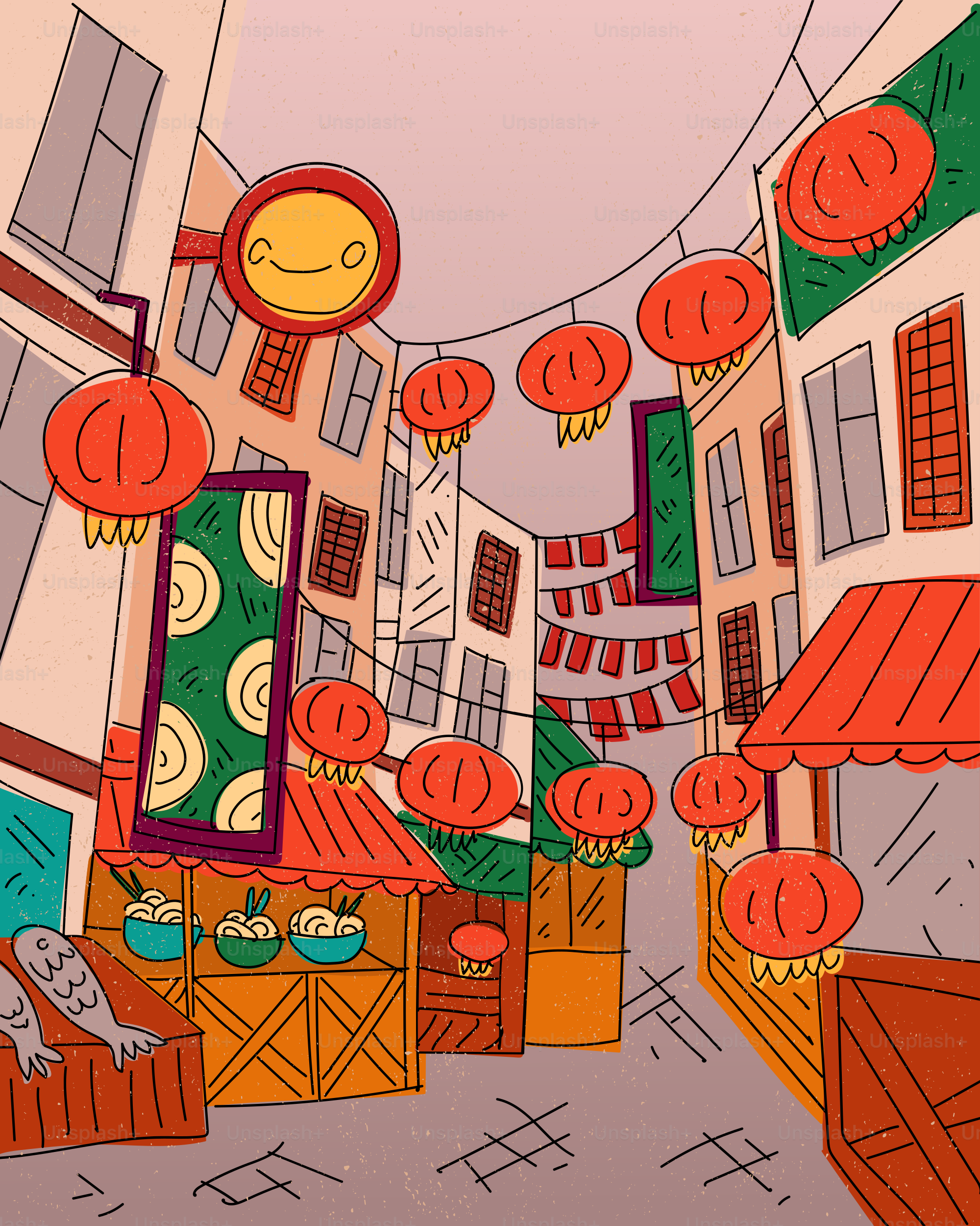 Une ruelle urbaine étroite avec des étals de marché et des lanternes rouges suspendues au-dessus
