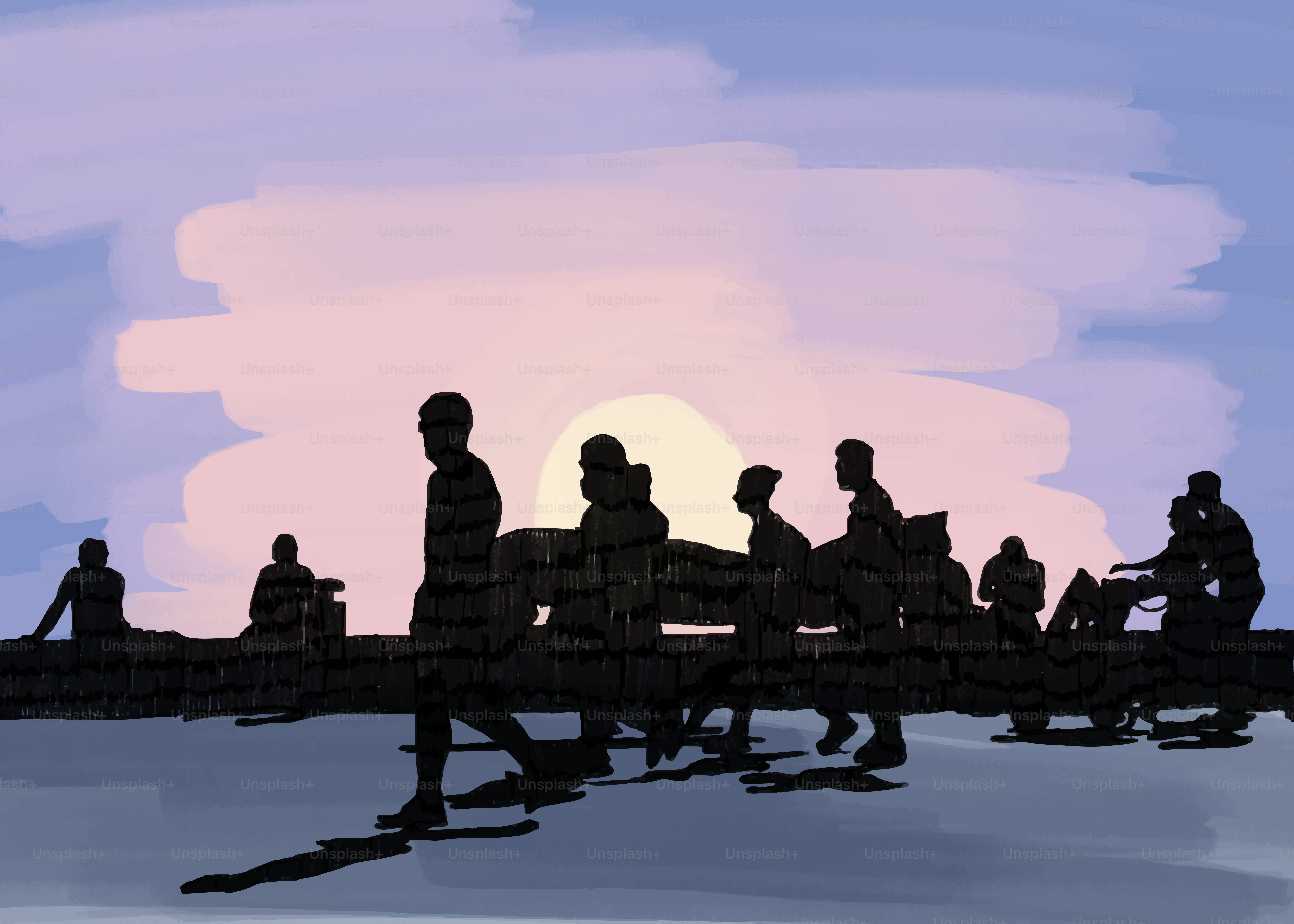 Silhouetten einer Gruppe von Menschen vor einem blassvioletten und gelben Himmel
