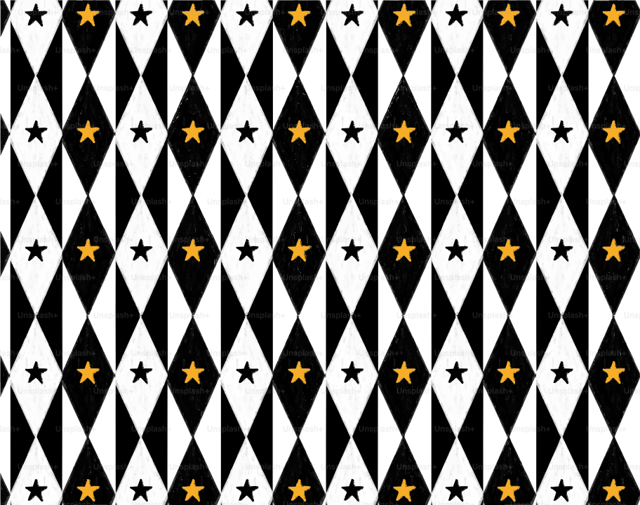 A repeating pattern of black and white diamonds featuring small gold and black stars