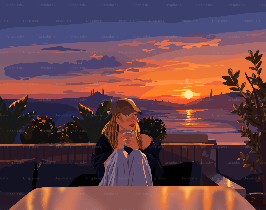 A person in a cap holding a glass on a terrace at golden hour