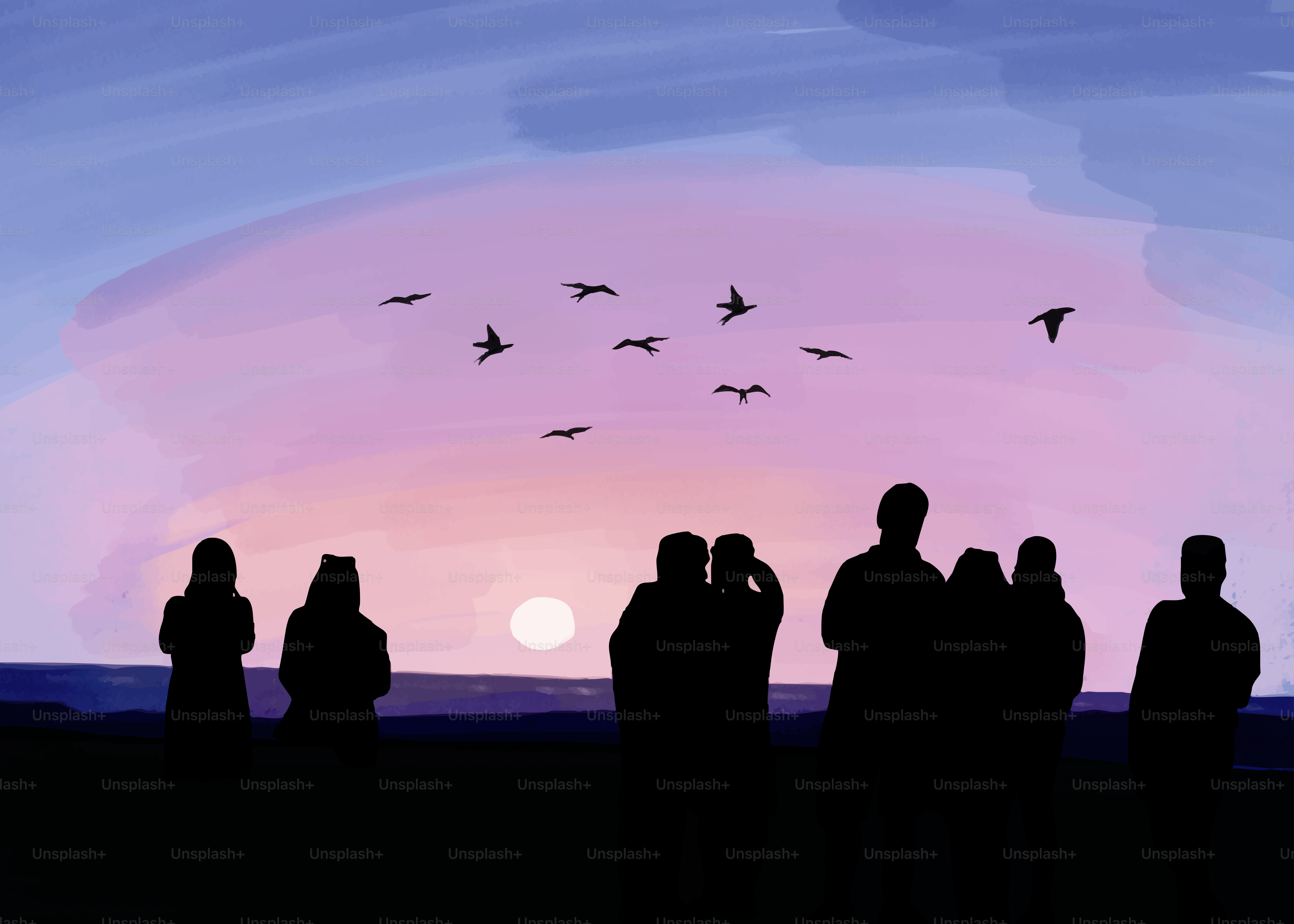 Silhouetten einer Gruppe von Menschen, die Vögel beobachten, die über einen violetten Himmel fliegen
