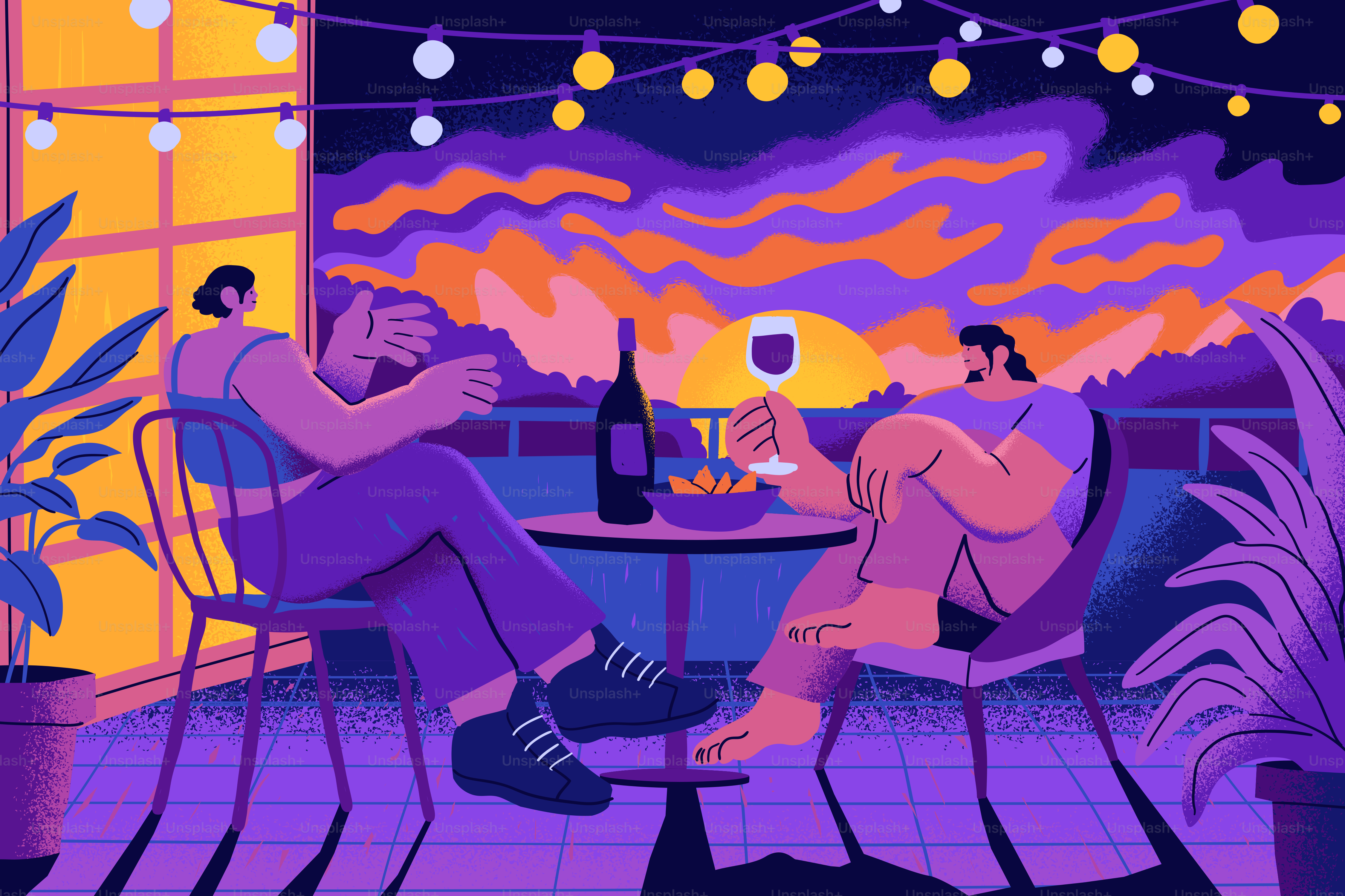 Two people sitting at a table with wine on a balcony at night