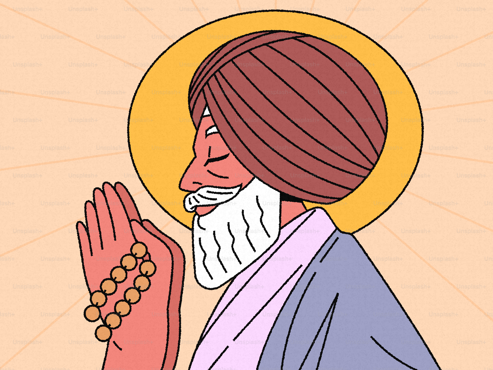 A Sikh man with a white beard and turban holding prayer beads in prayer