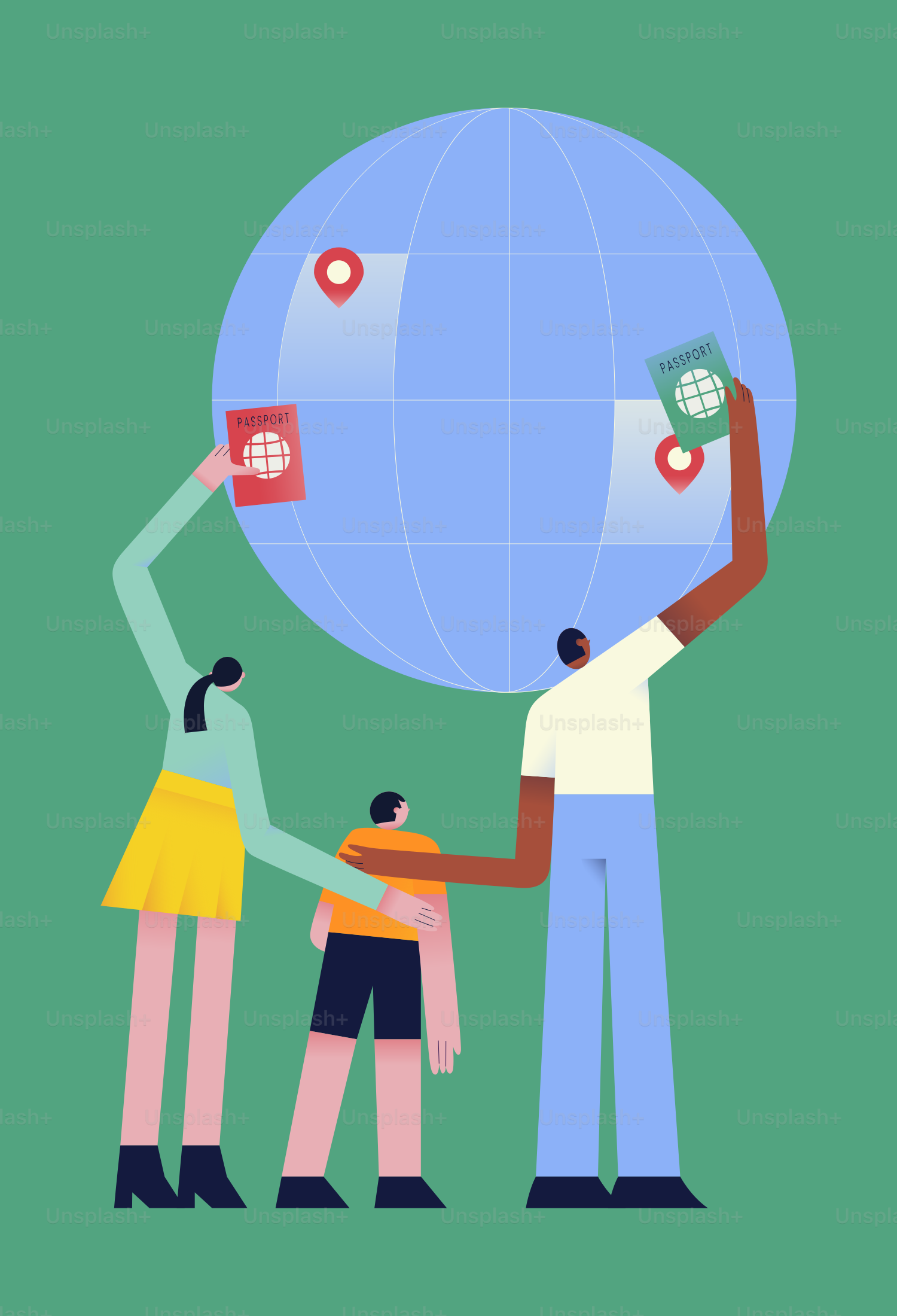Family with passports and globe - Vector Illustration on Unsplash+