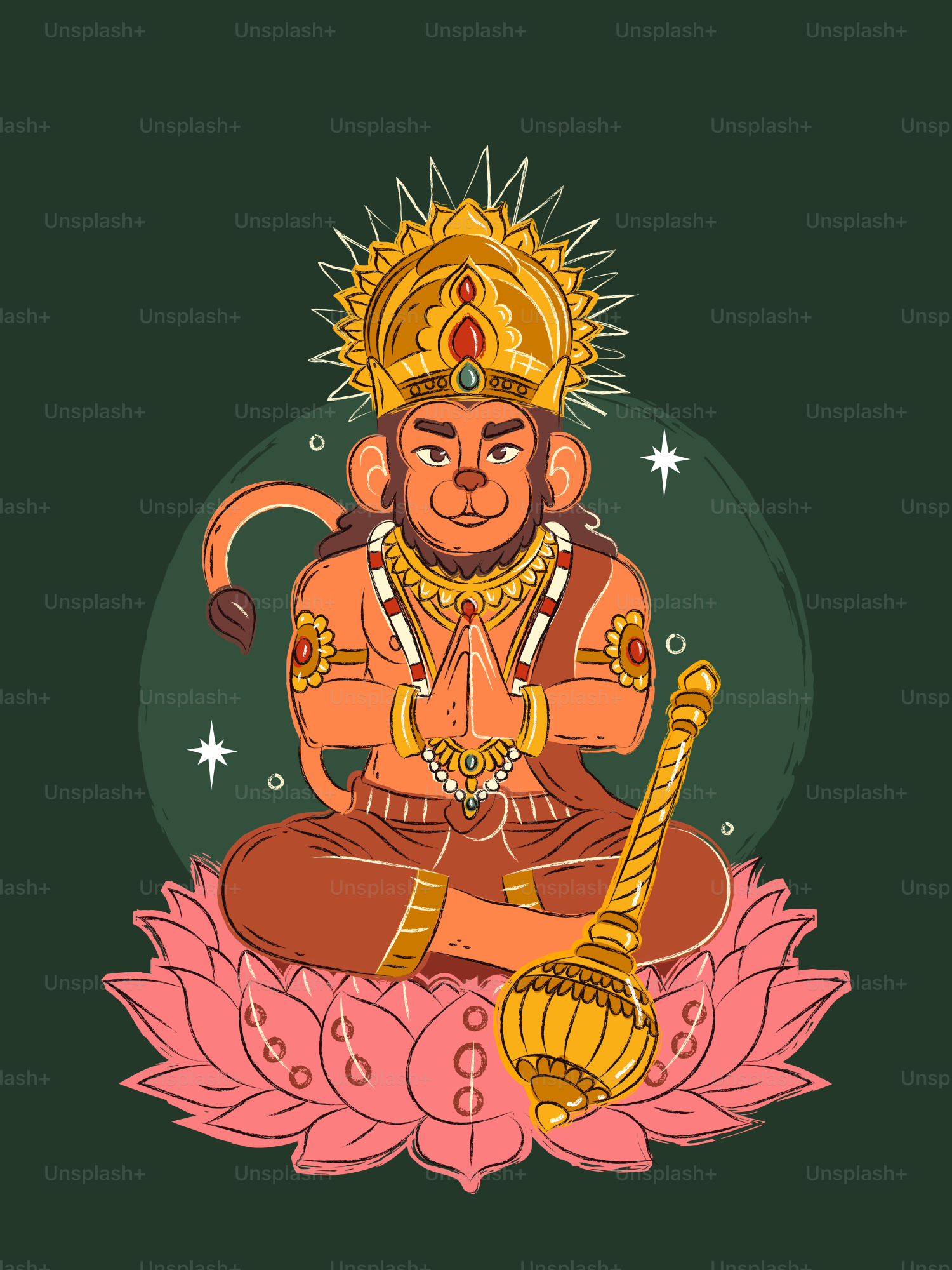 Hanuman with a mace sitting in prayer on a pink lotus flower